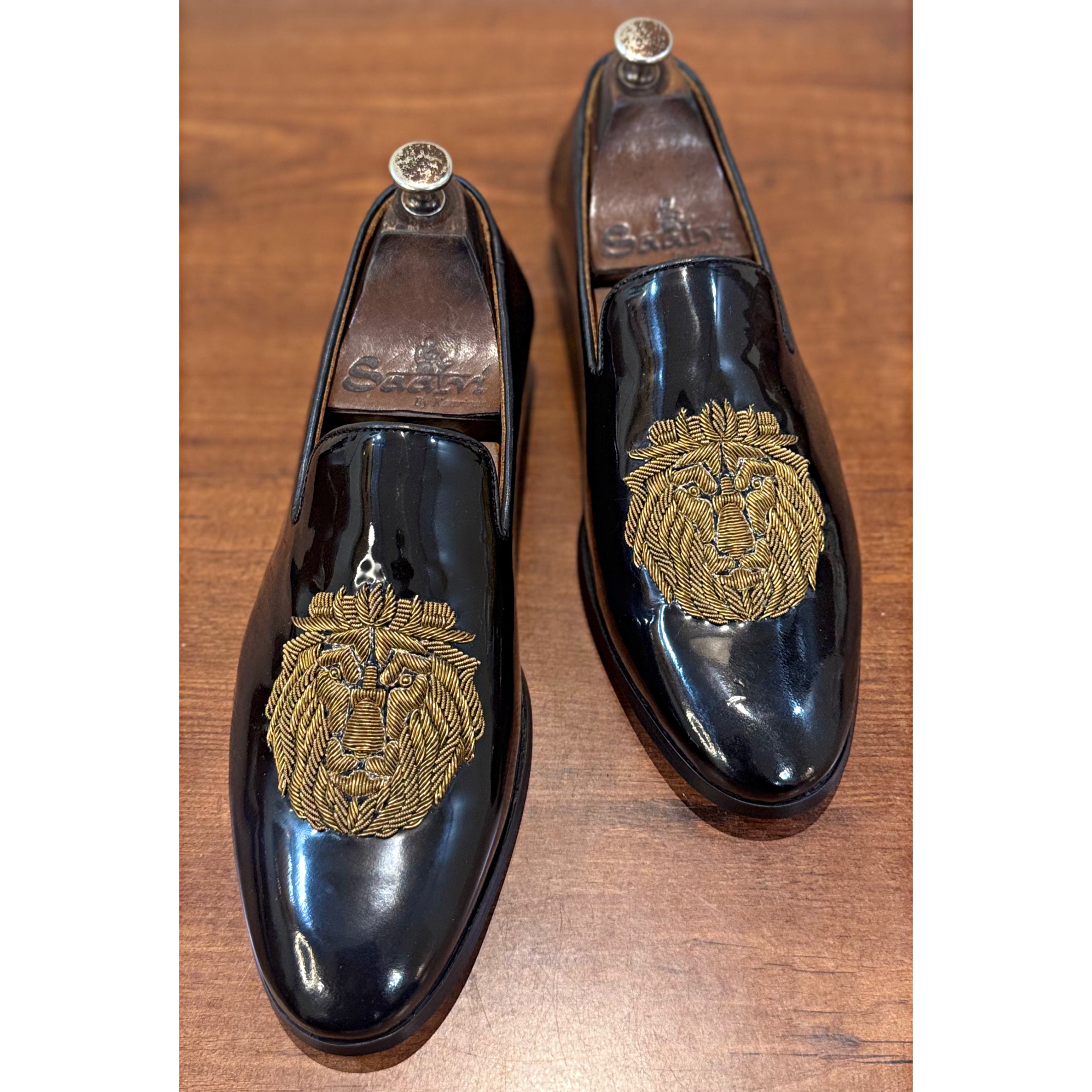 Black Patent Lion Zardosi Slipons
