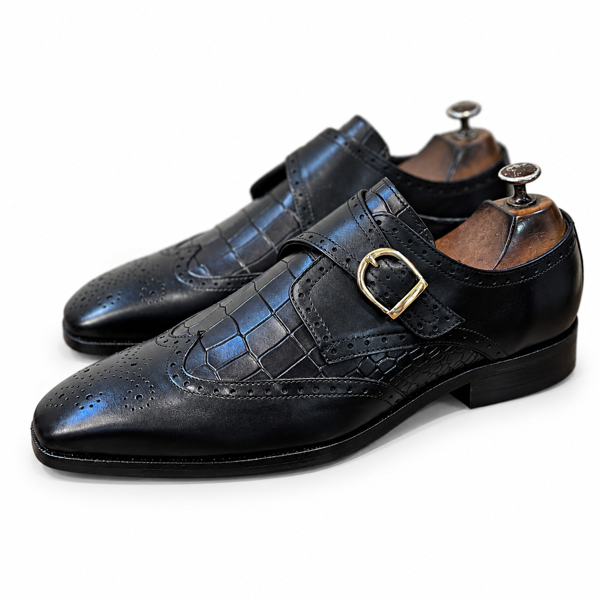 Noir Croco Regent Single Monk Brogue Shoes
