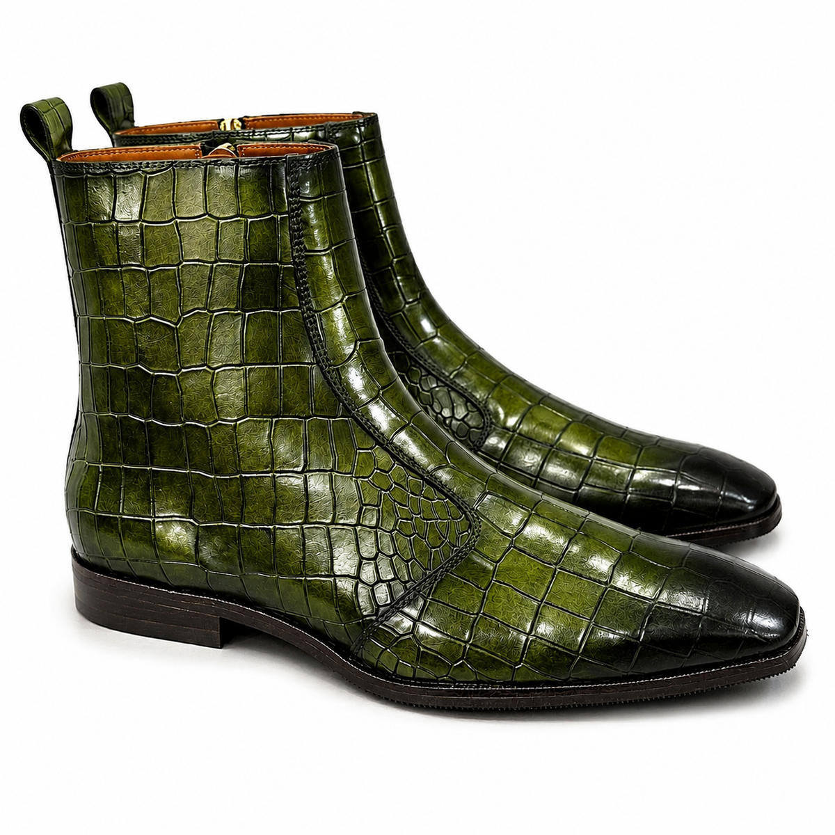 Olive Croco Embossed Leather Ankle Boots