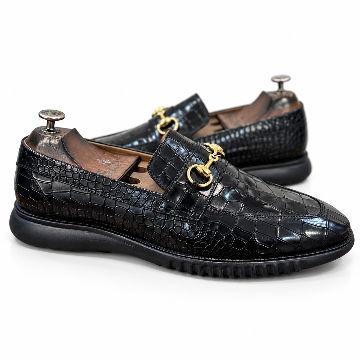 Noir Croco Lug-Sole Horsebit Loafers