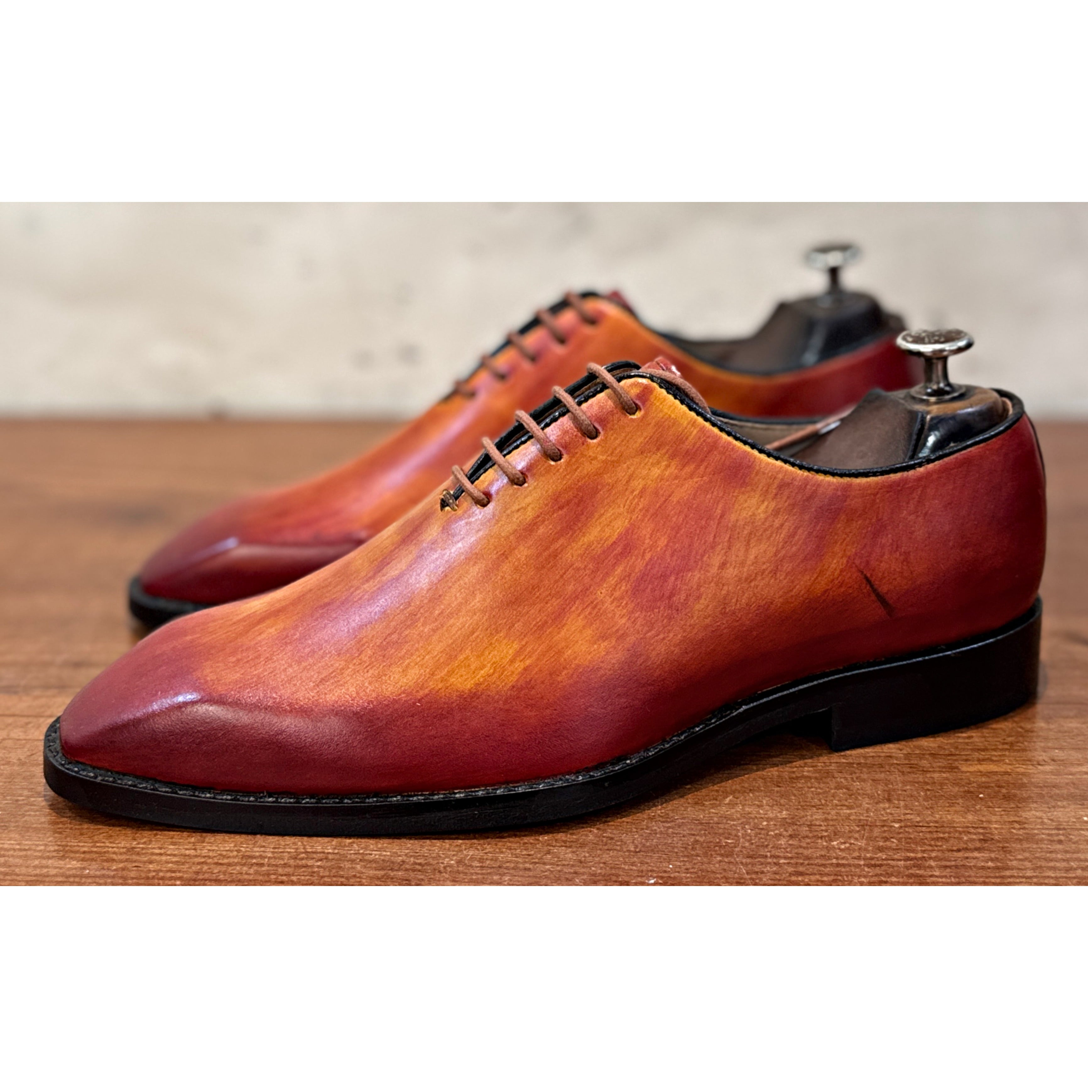 Burnished Orange Patina Leather Oxford Shoes – Luxury Hand-Painted Formal Dress Shoes