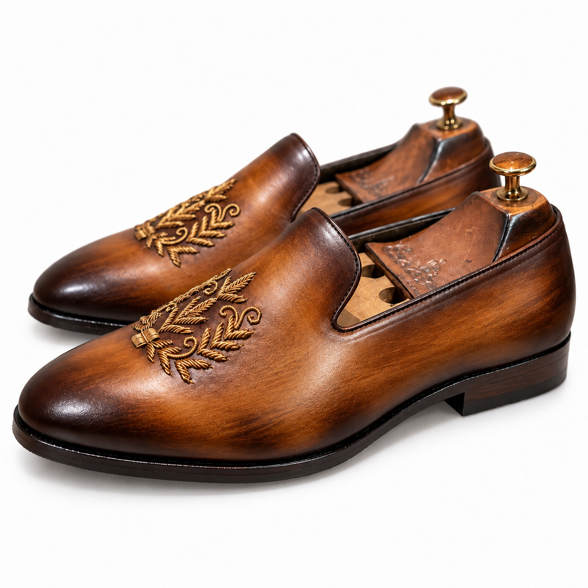 Saalvi Aurelian Cognac Brown Handcrafted Leather Zardosi Loafers