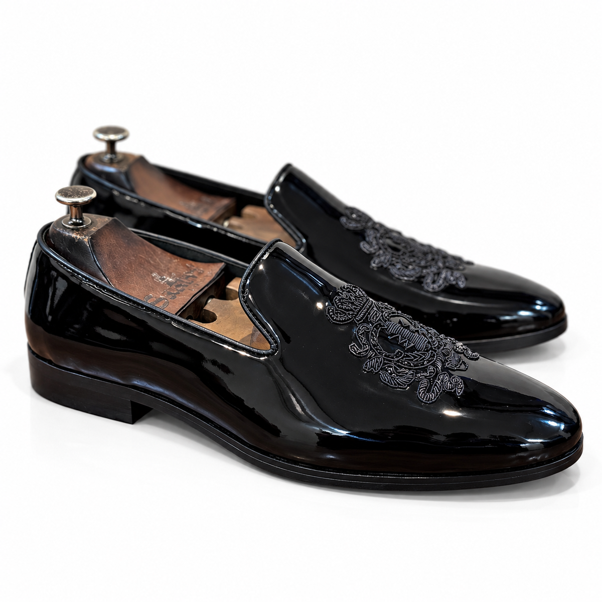 Obsidian Crest – Black Patent Embroidered Loafers