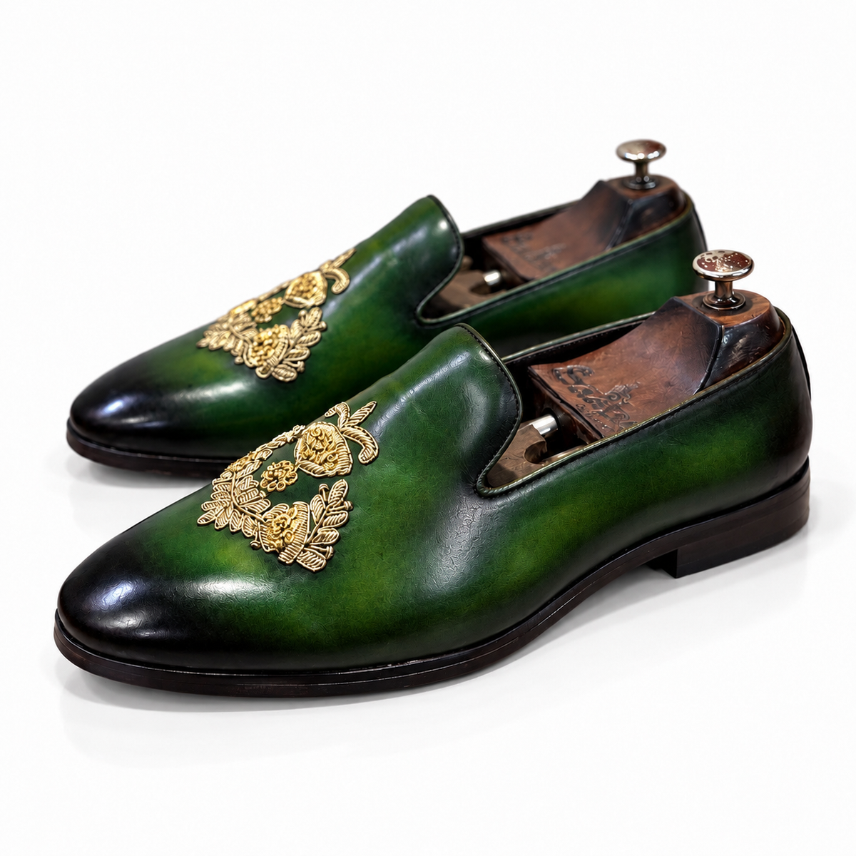 Viridian Royale – Emerald Green Gold Embroidered Loafers