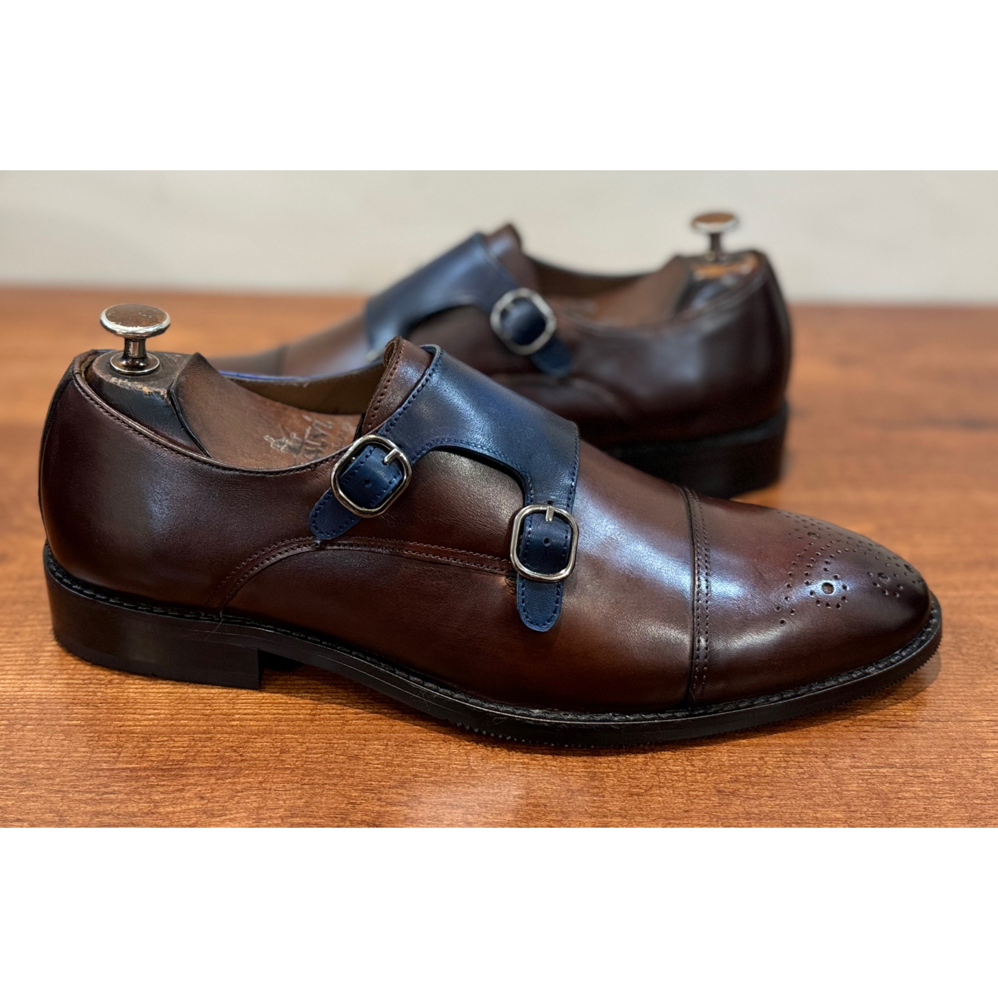 Brown Blue Double Monk Strap