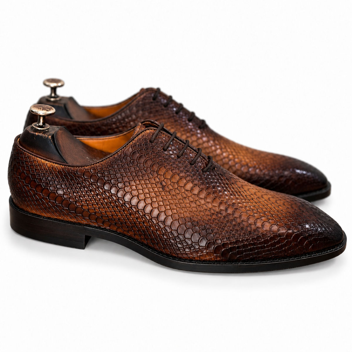 Cognac Reptile-Embossed Oxford Shoes