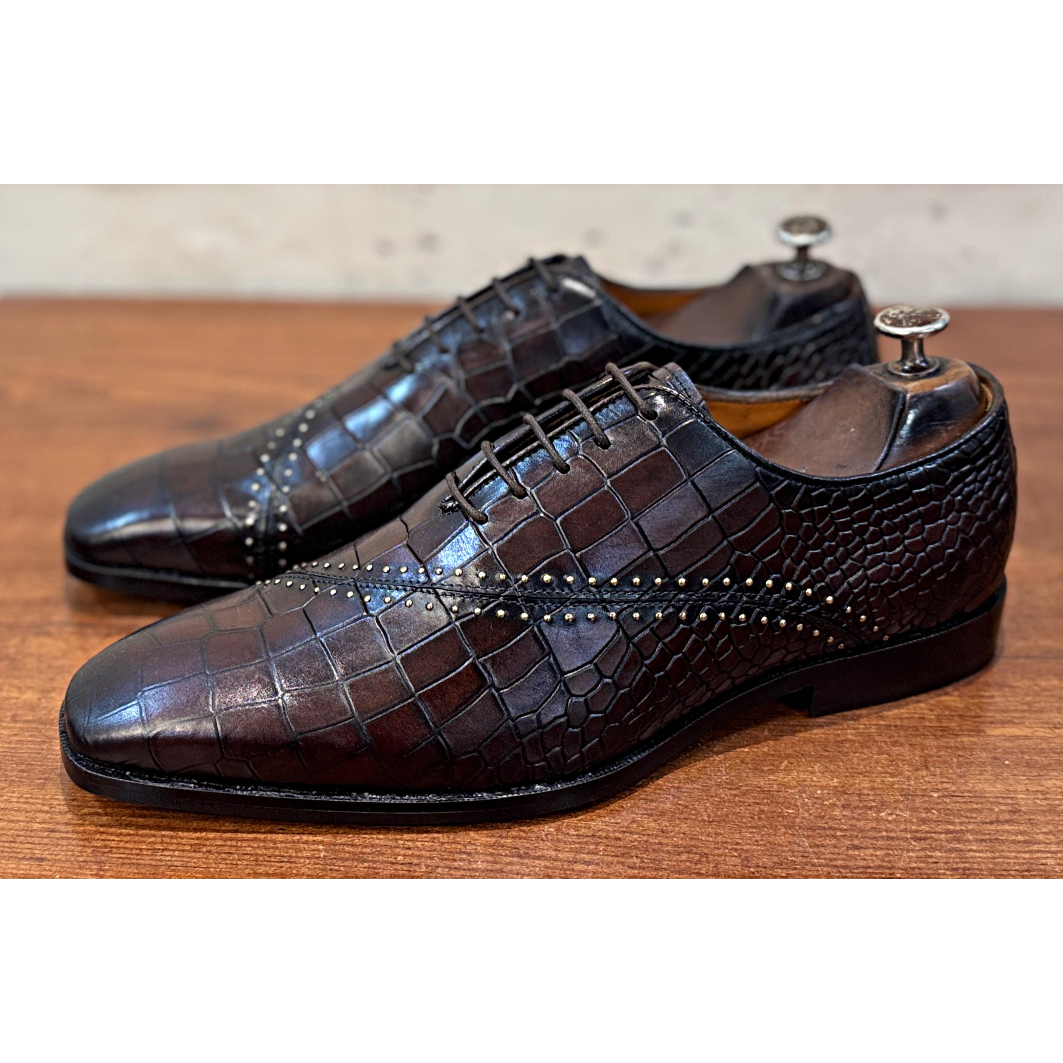 Men’s Luxury Croc-Embossed Leather Oxford Shoes – Handcrafted Dark Brown Formal Dress Shoes