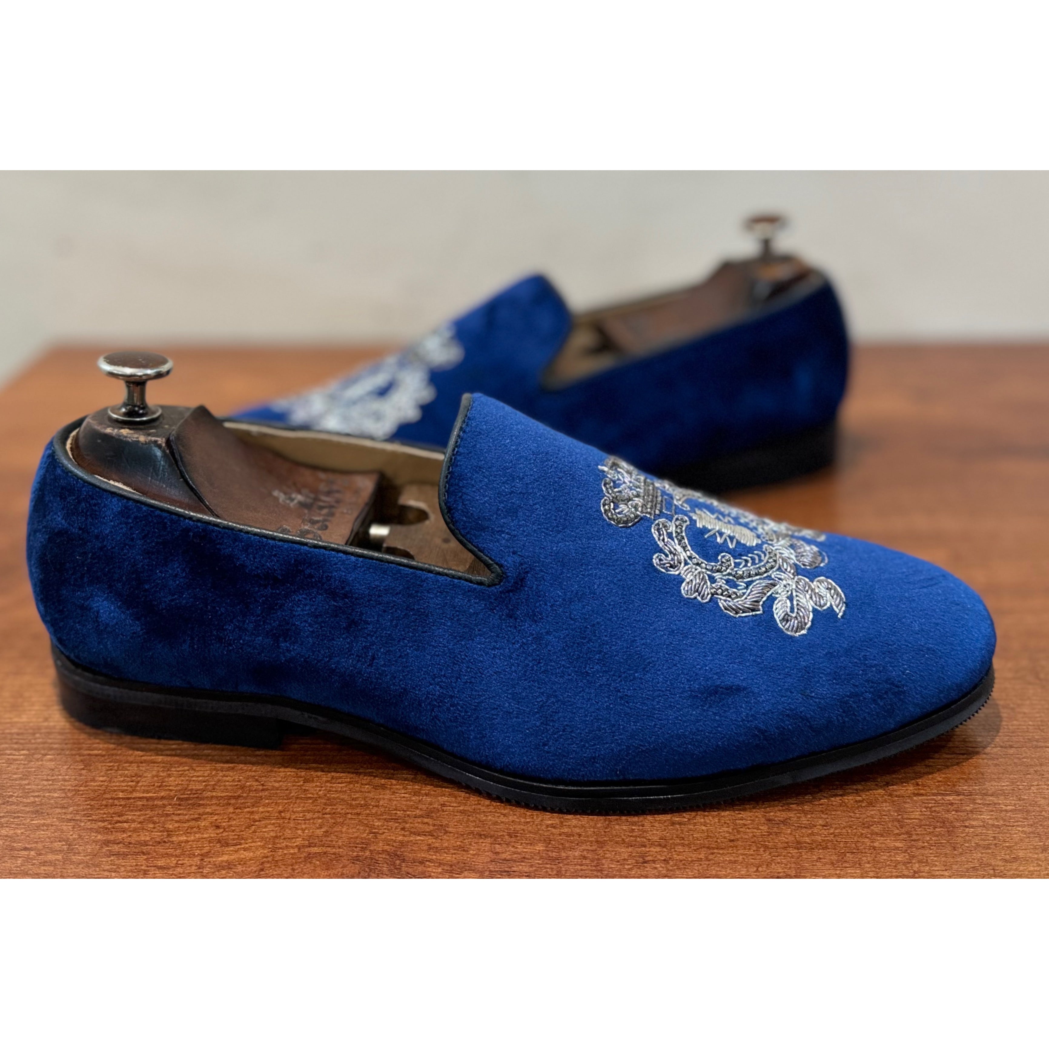 Blue Velvet Embroidery Slipons