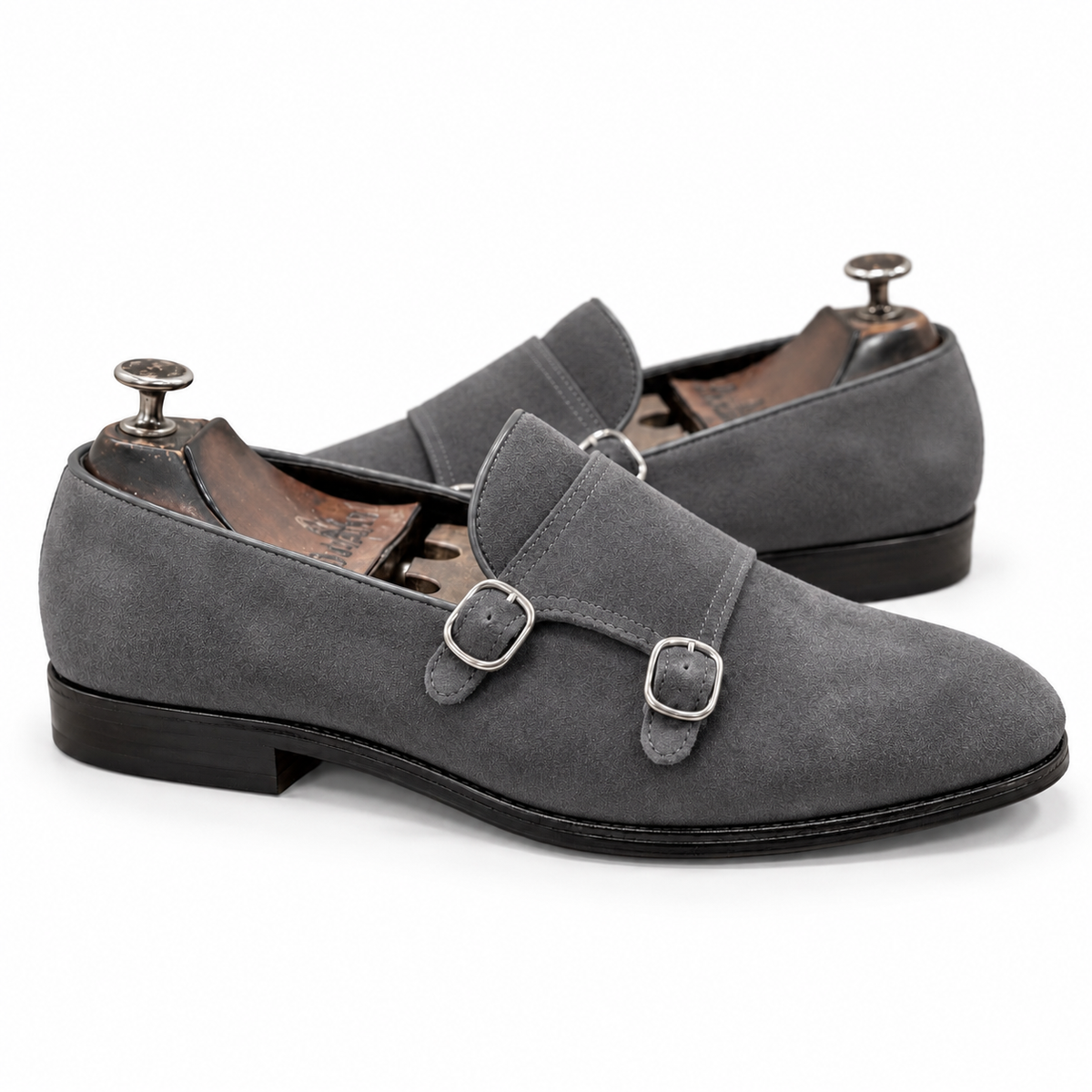 Slate Grey Double Monk Suede Shoes