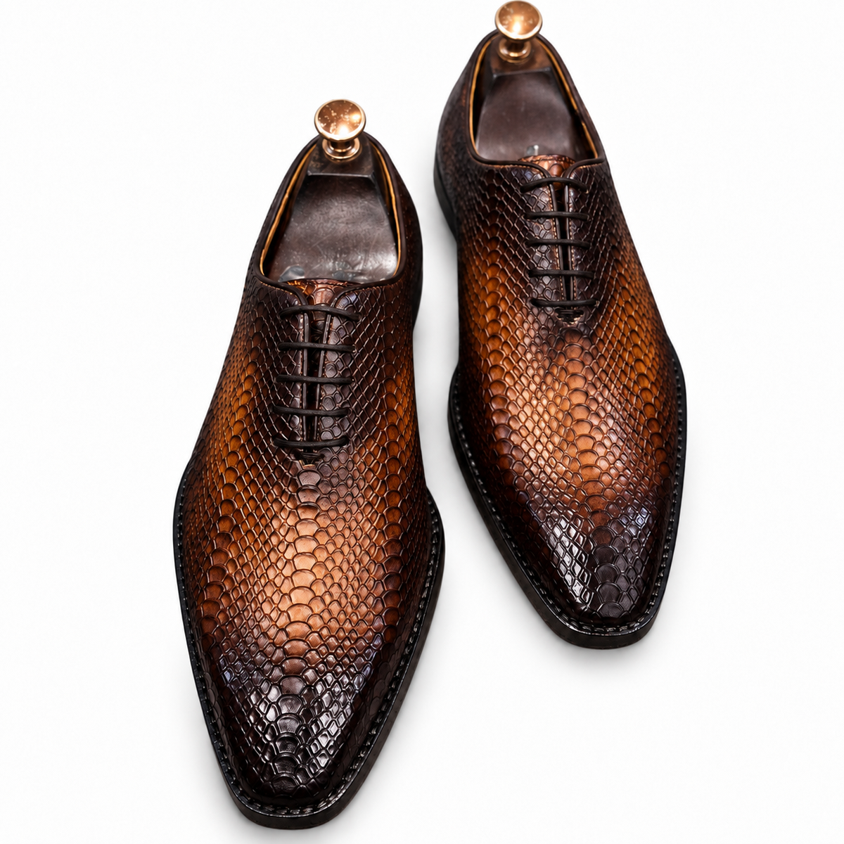 Cognac Reptile-Embossed Oxford Shoes