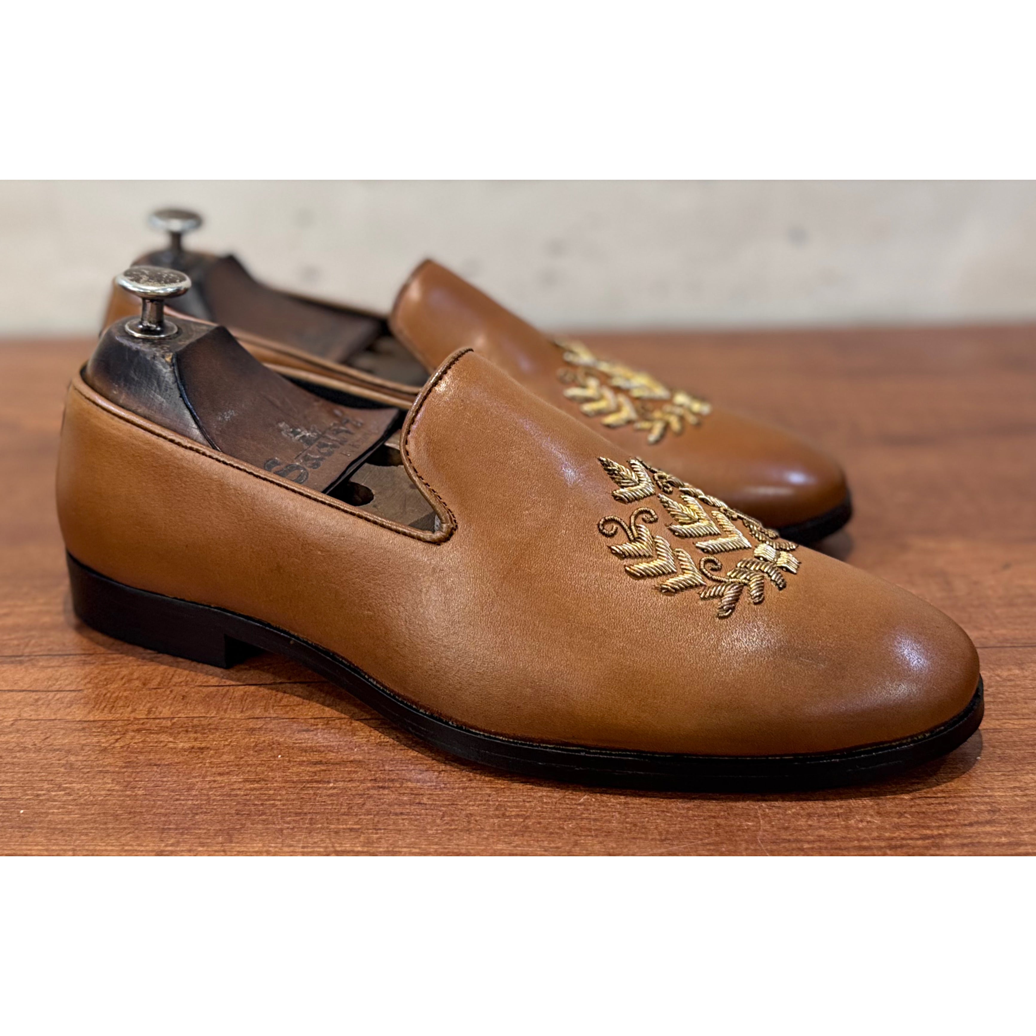 Tan Leaf Zardosi Slipons