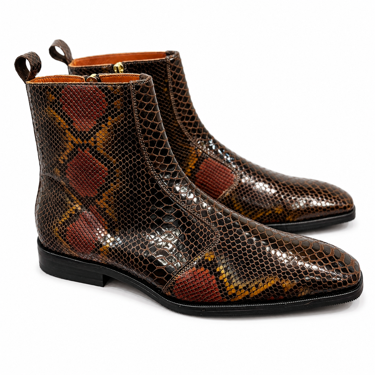 Cognac Serpentine Foil Leather Ankle Boots