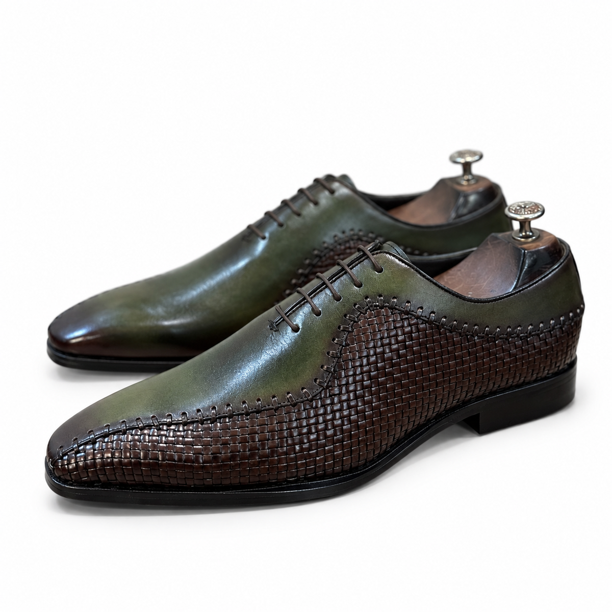 Verde Marrone Woven Leather Lace-Up Shoes