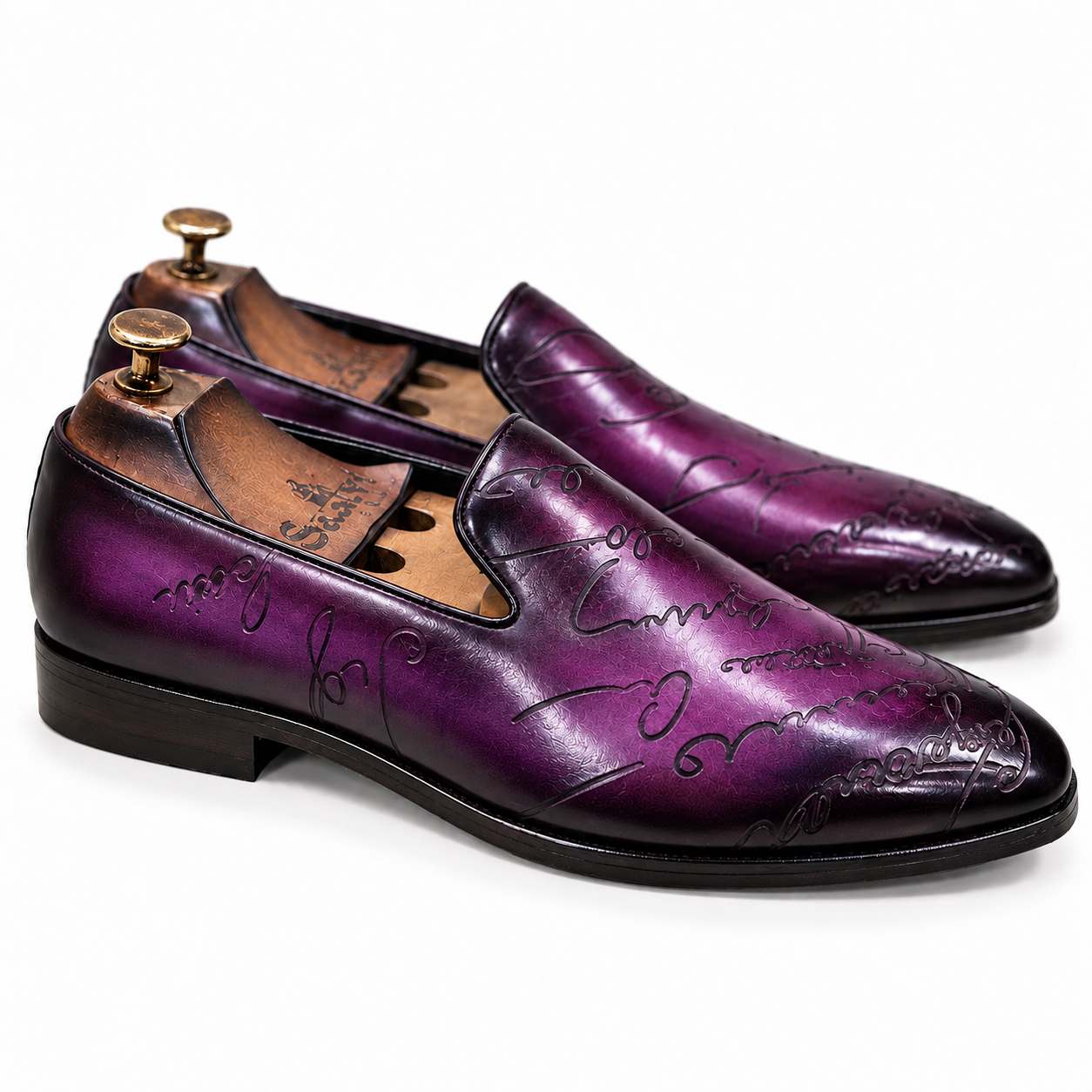 Saalvi Royal Purple Hand-Patina Embossed Leather Loafers for Men
