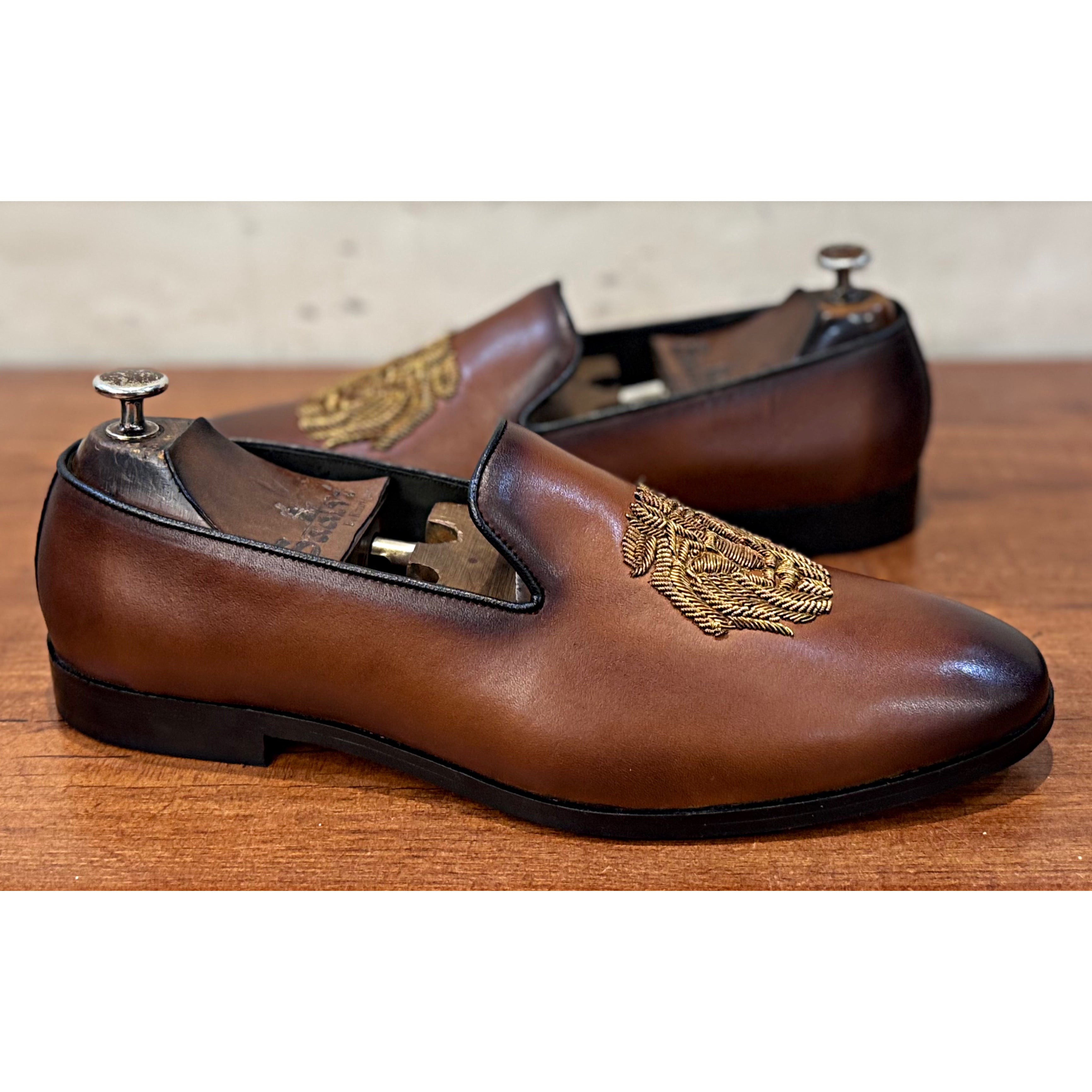 Tan Brown Lion Zardosi Slipons