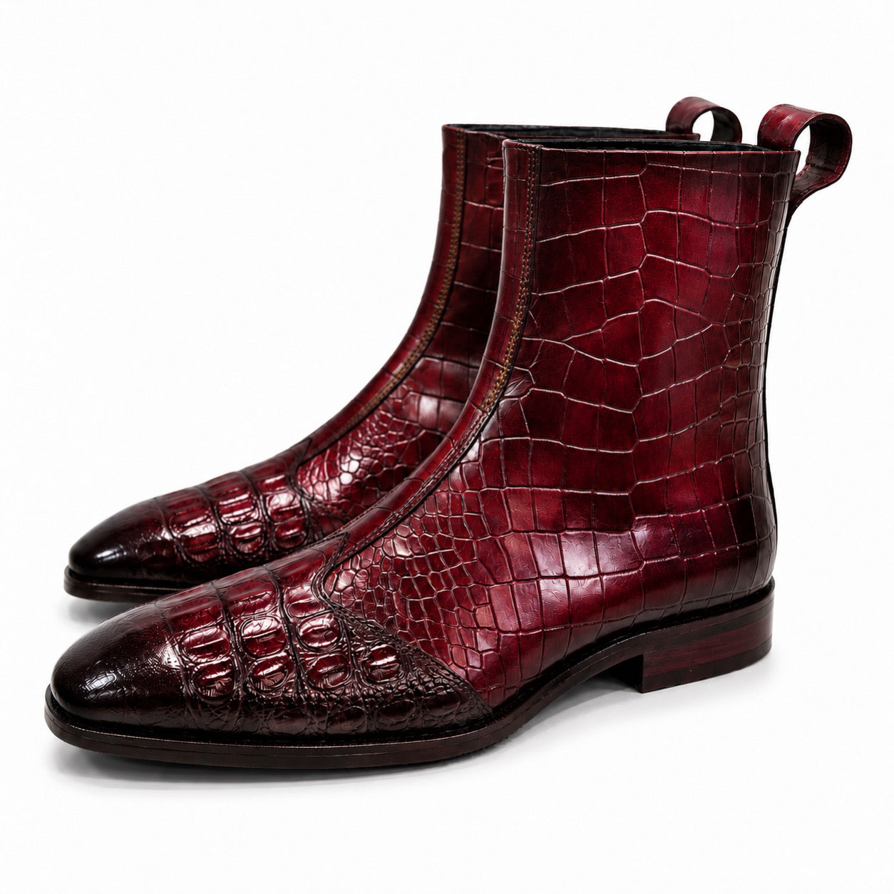 Burgundy Burnished Croc-Embossed Leather Chelsea Boots