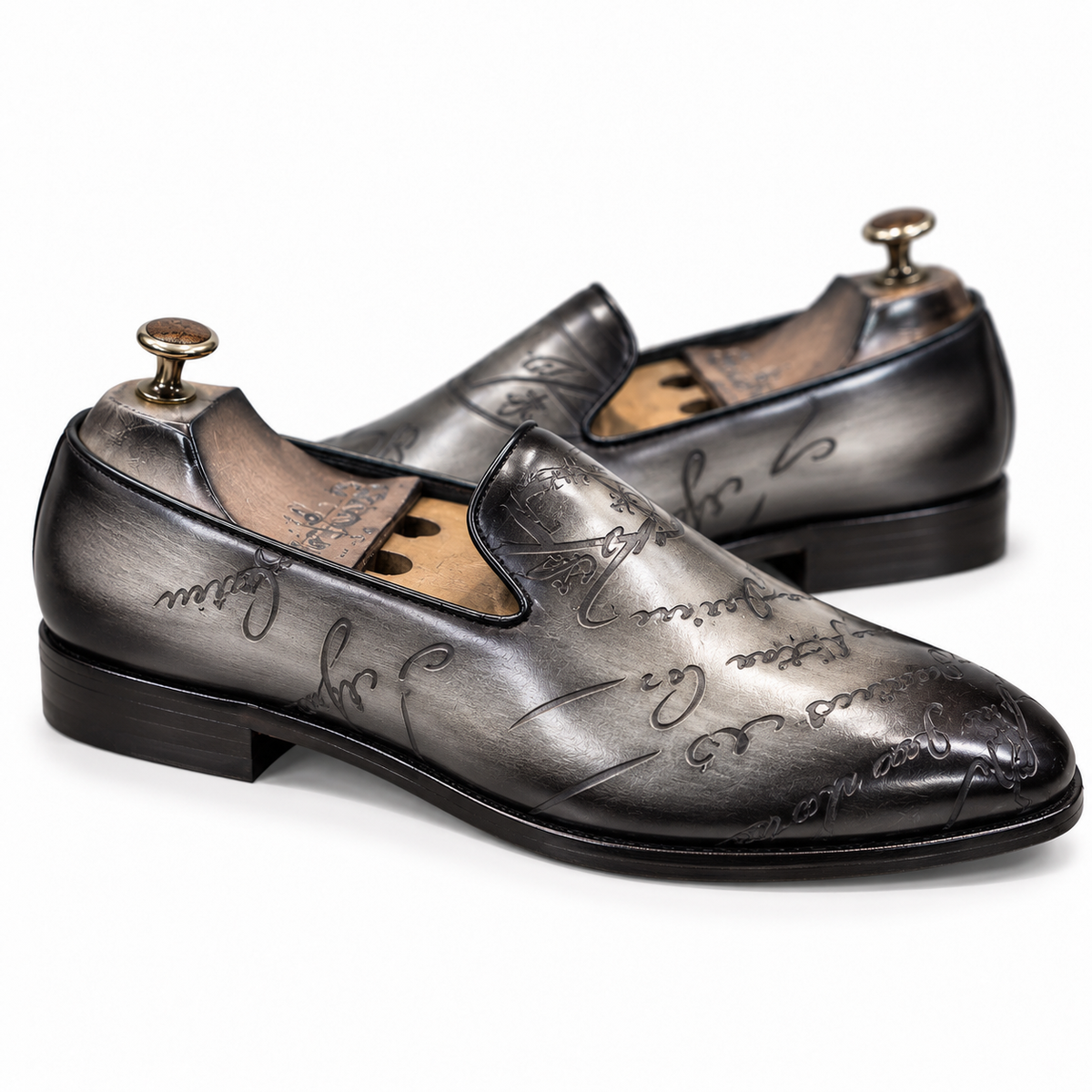 Saalvi Noir Artisan Script Leather Loafers