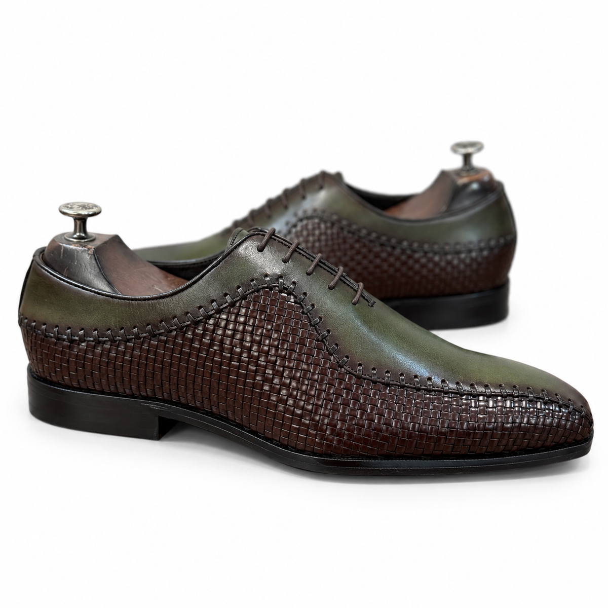 Verde Marrone Woven Leather Lace-Up Shoes
