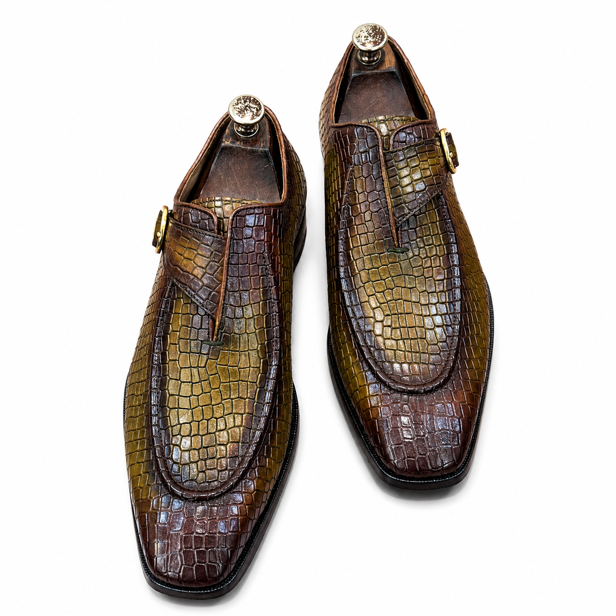 The Croco Monarch Monk – Olive Brown Croc Texture Monk Strap Shoes