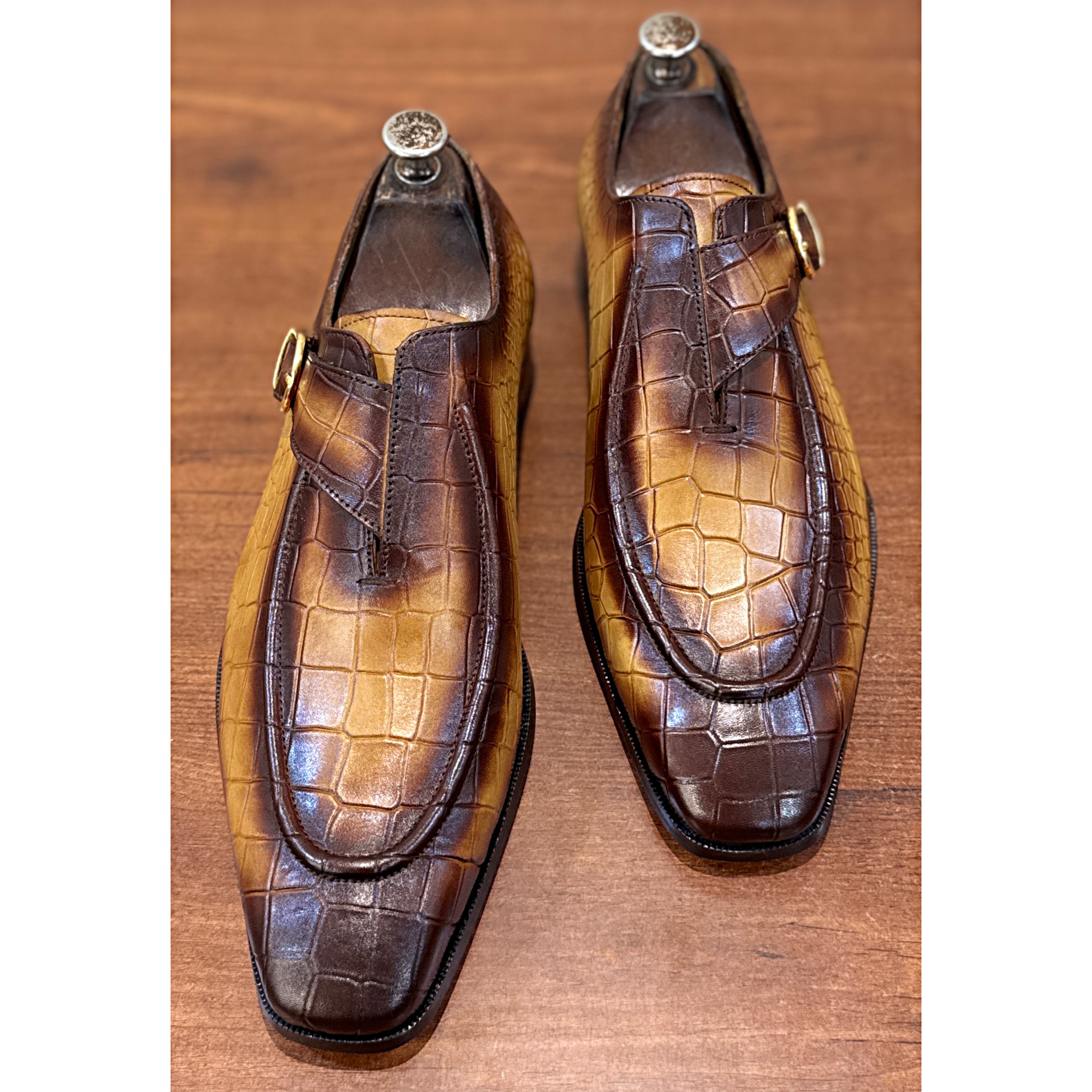 British Pointed Toe Single Monk – Burnished Bronze Croc