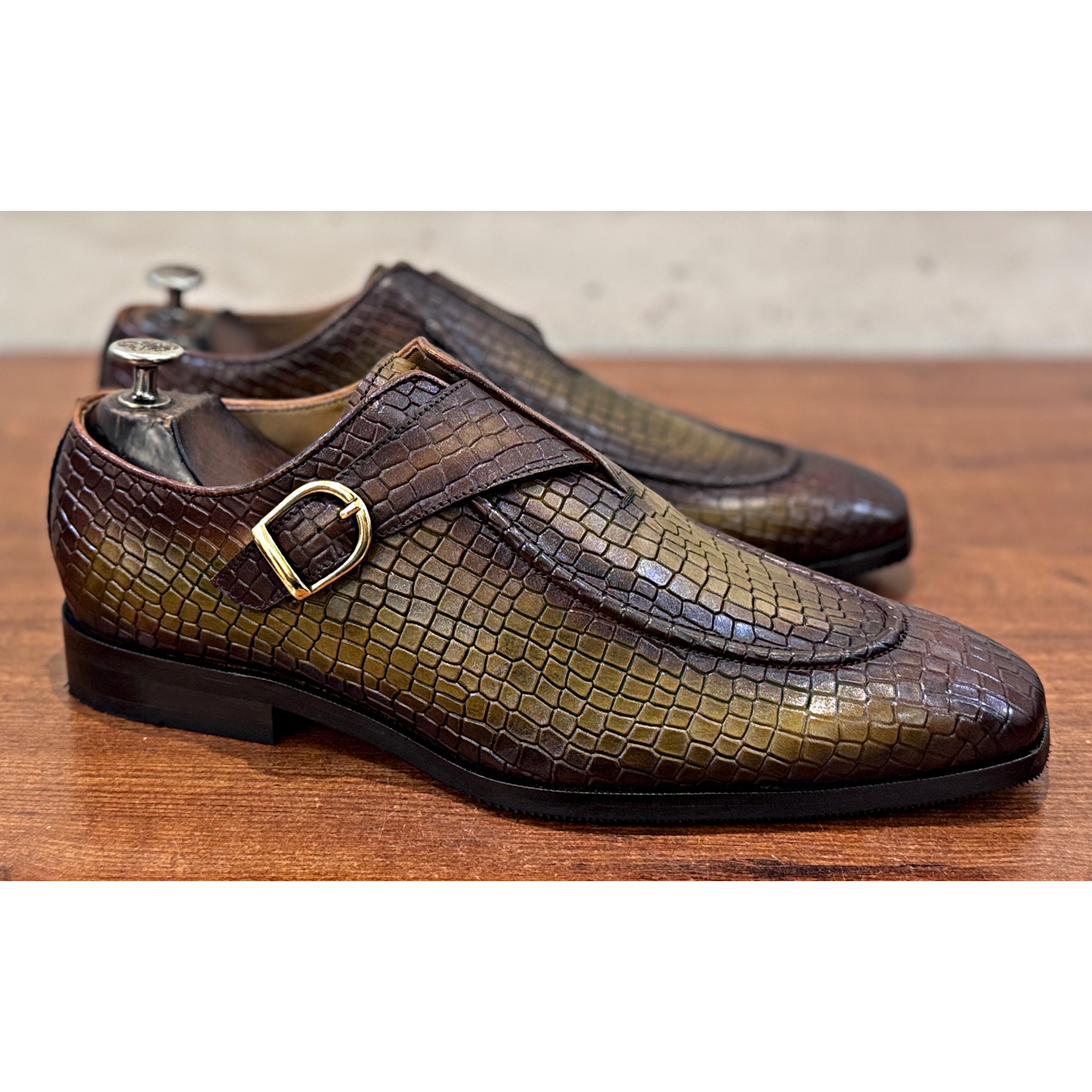 The Croco Monarch Monk – Olive Brown Croc Texture Monk Strap Shoes