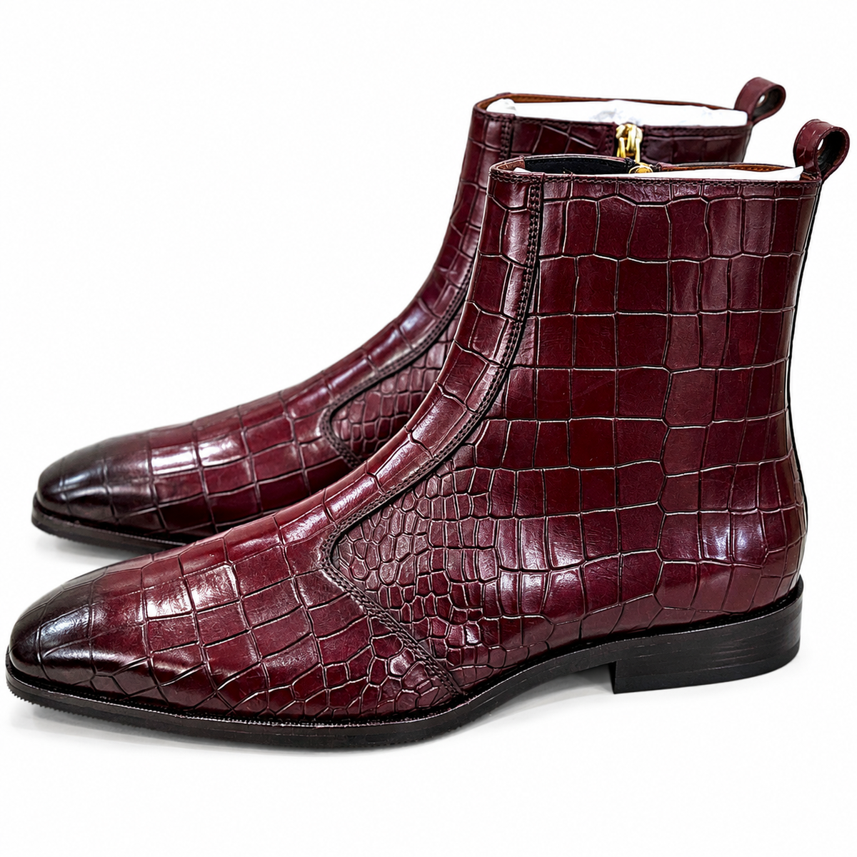 Bordeaux Croco Hand-Patina Leather Ankle Boots