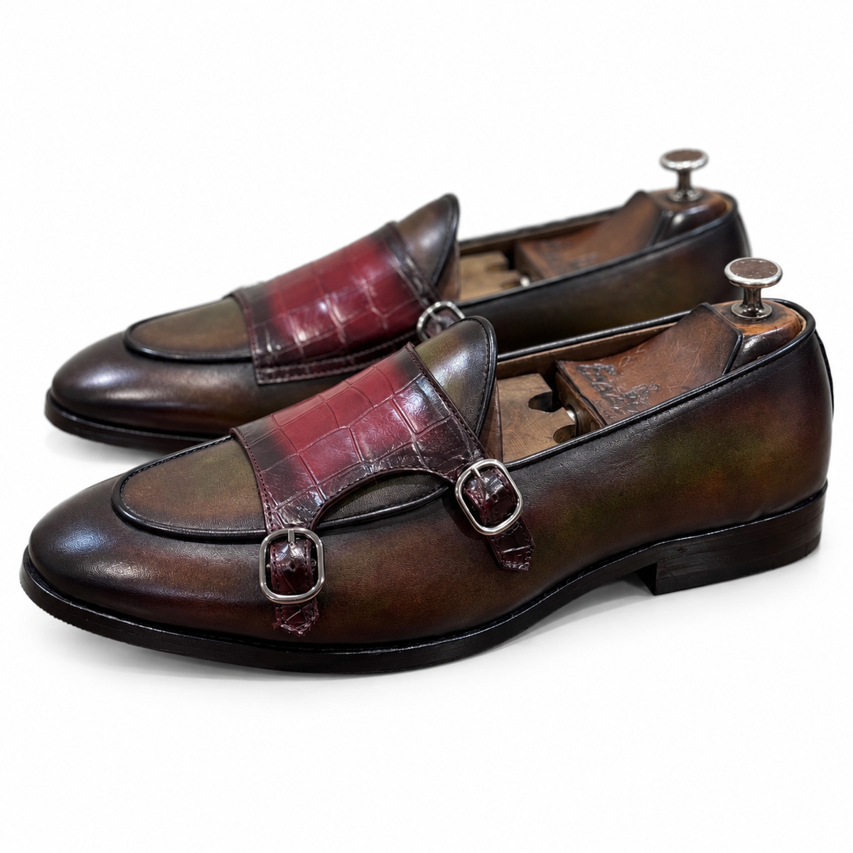 Bordeaux Olive Double Monk Straps