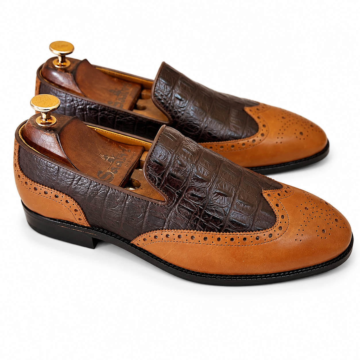 Wingcap Brown Tan Croco Slipons