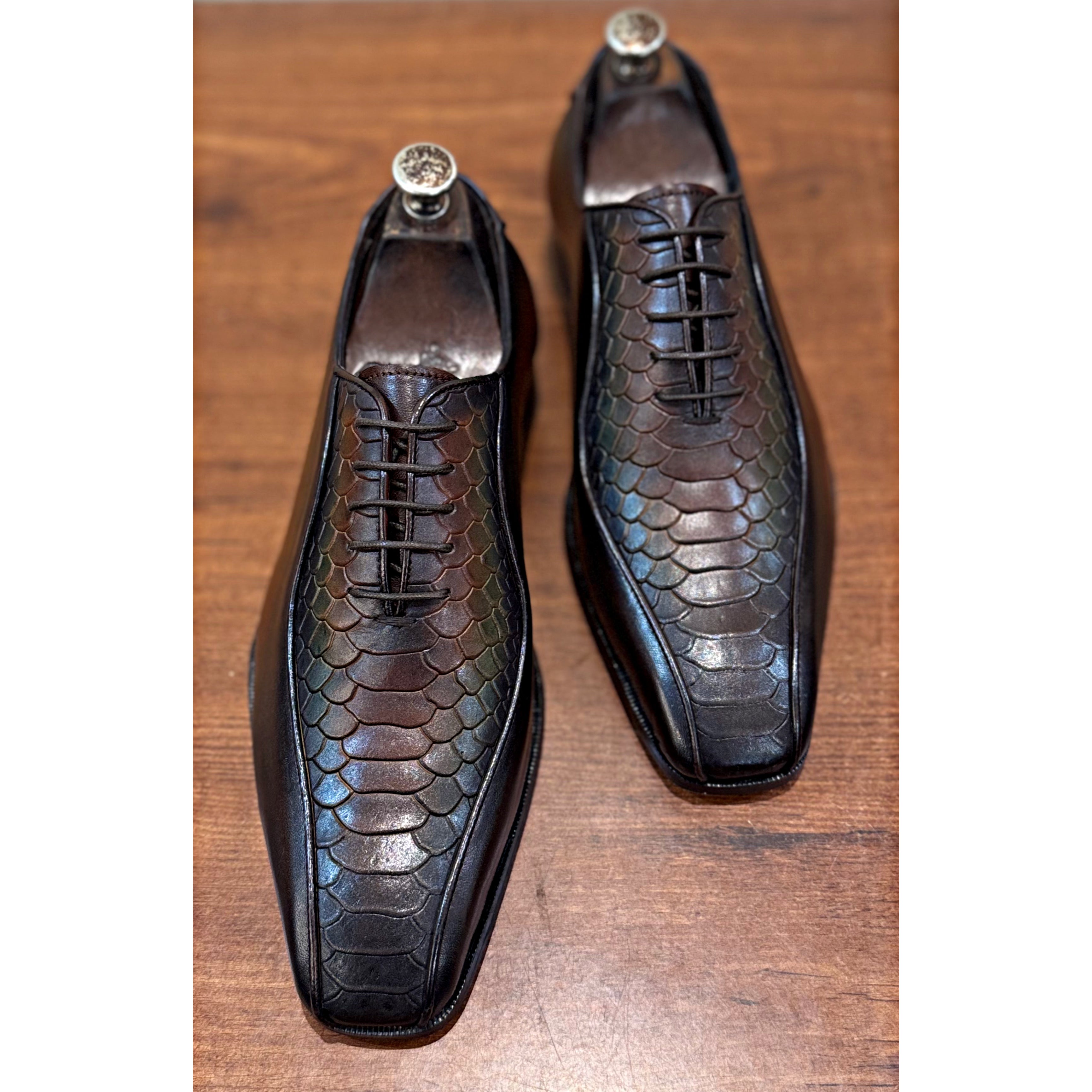 Python Embossed Oxfords Green Hand Patina