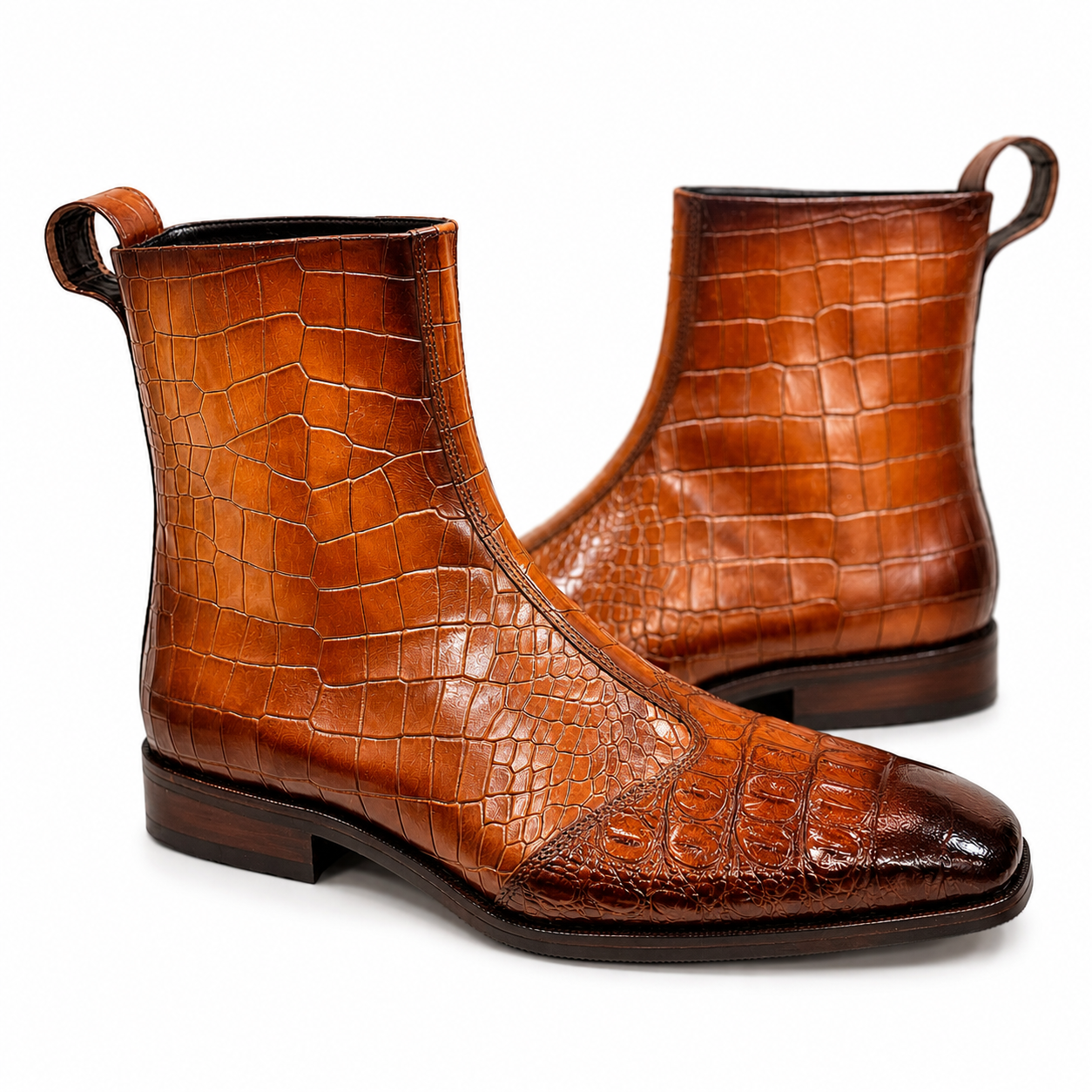 Cognac Burnished Croc-Embossed Leather Chelsea Boots