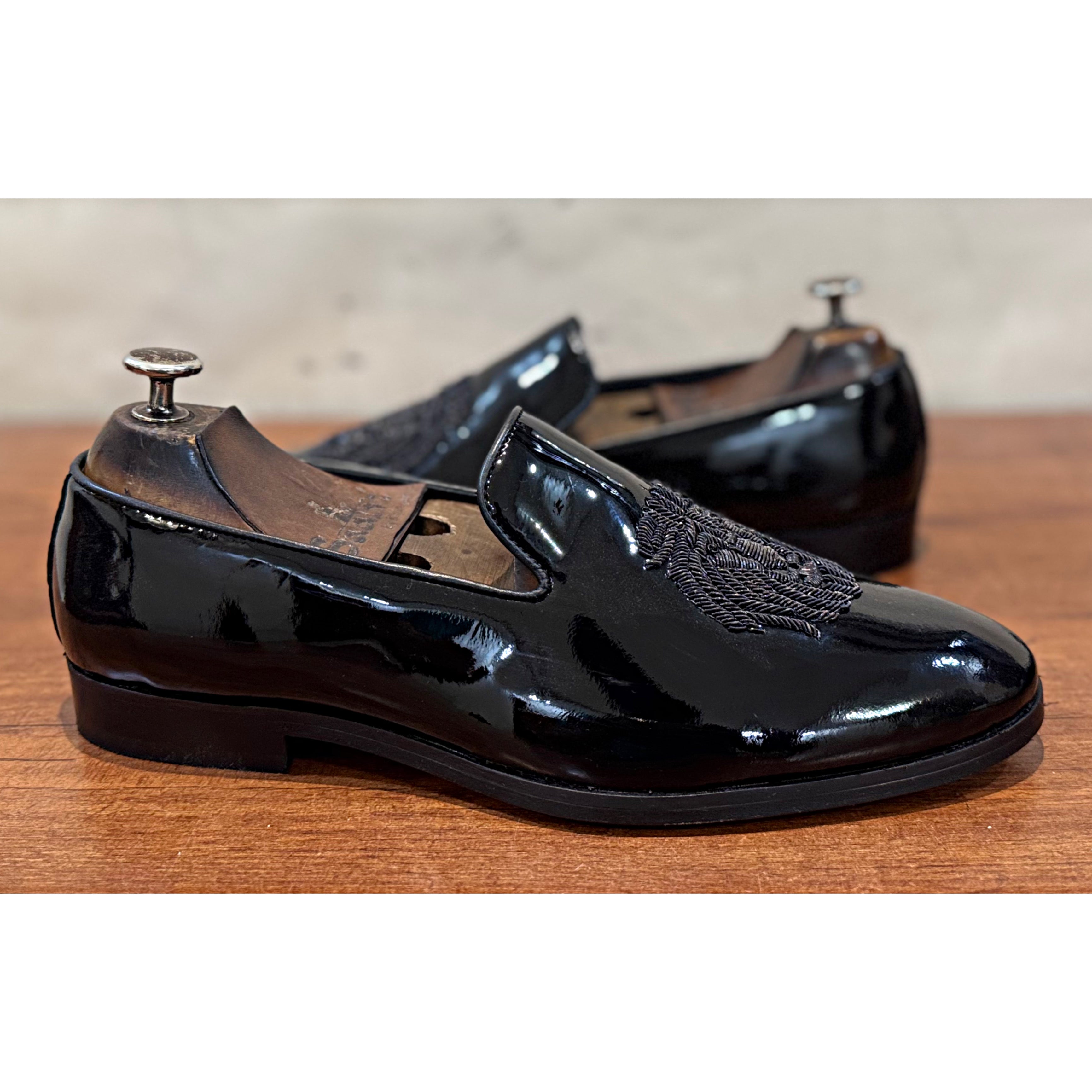 Black Patent Lion Black Zardosi Slipons