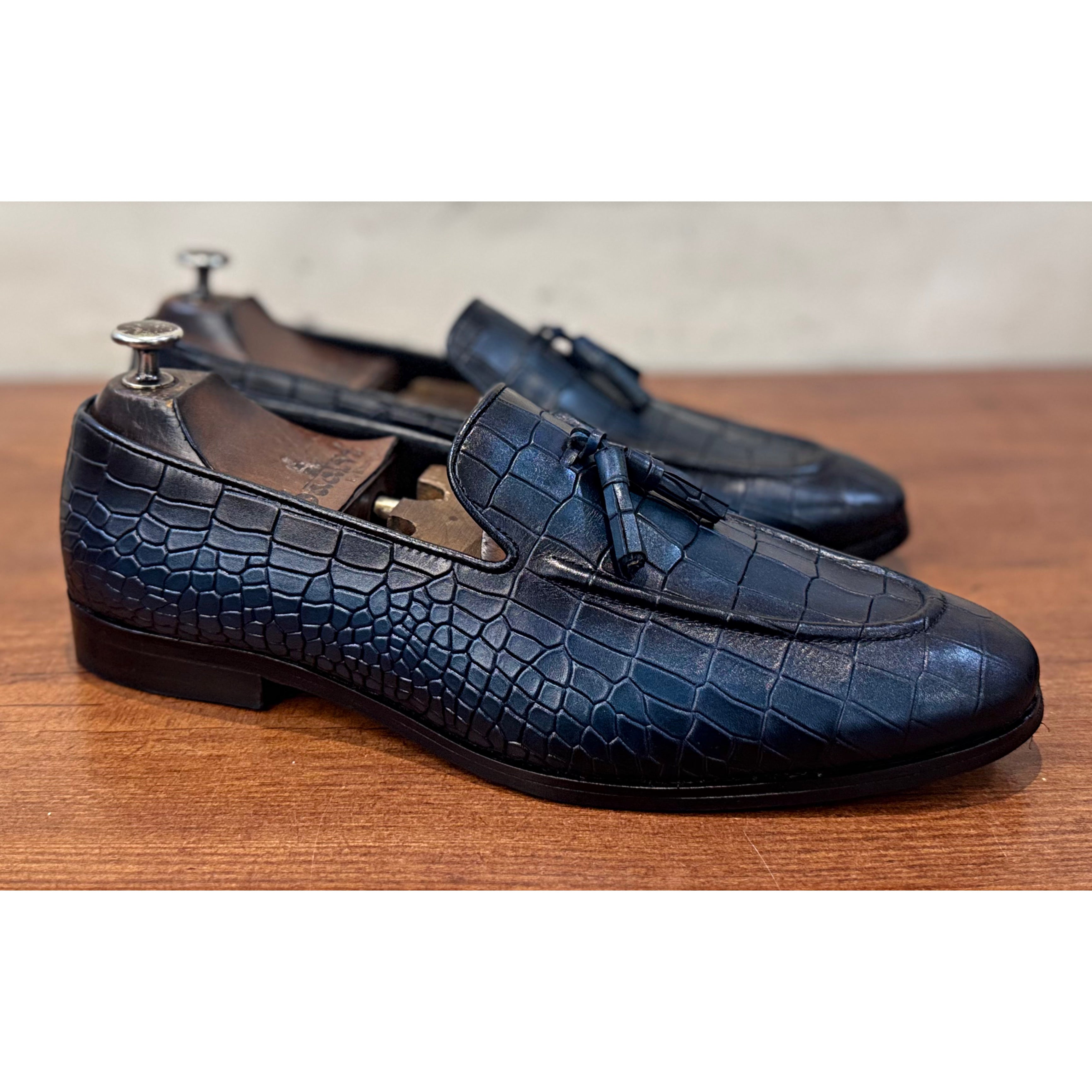 Blue Croco Loafers With Tassels