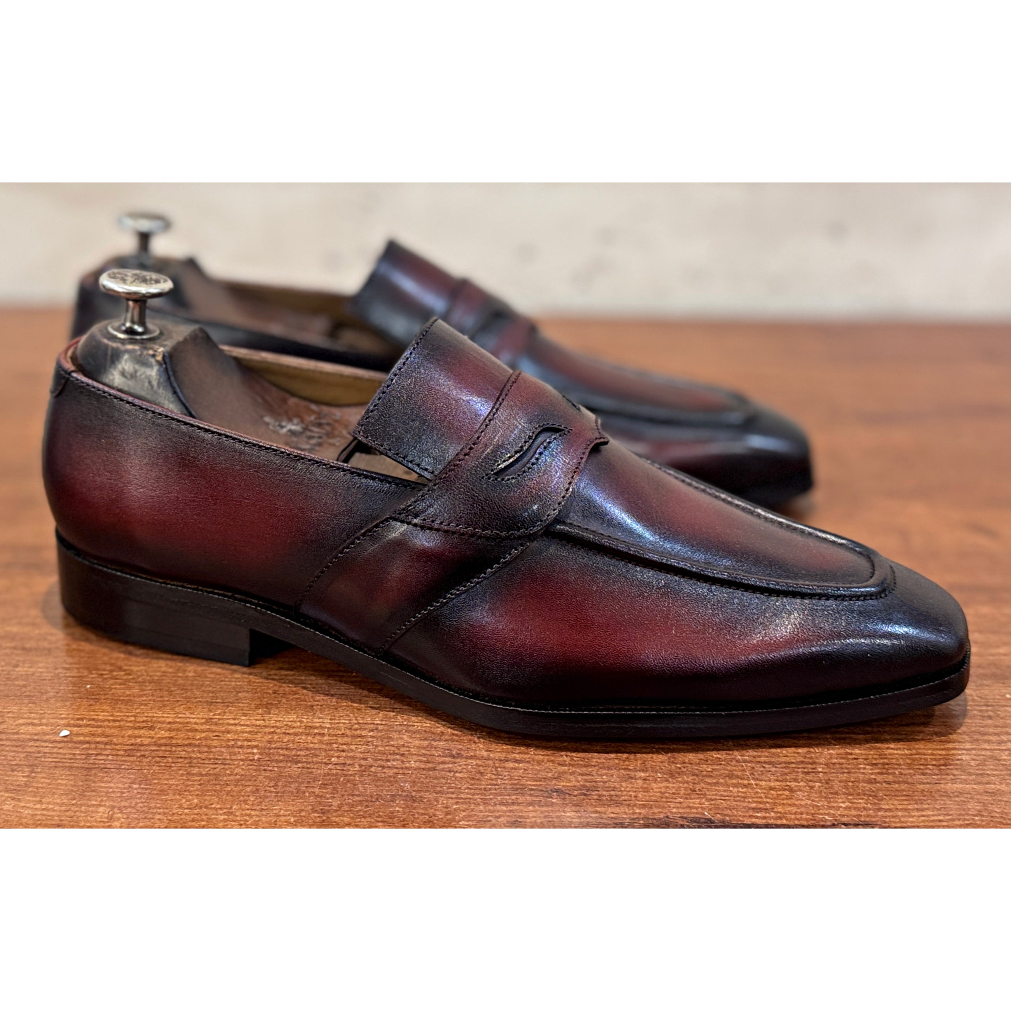 The Lorenzo Rosso Loafer – Handmade Burgundy Patina Penny Loafers