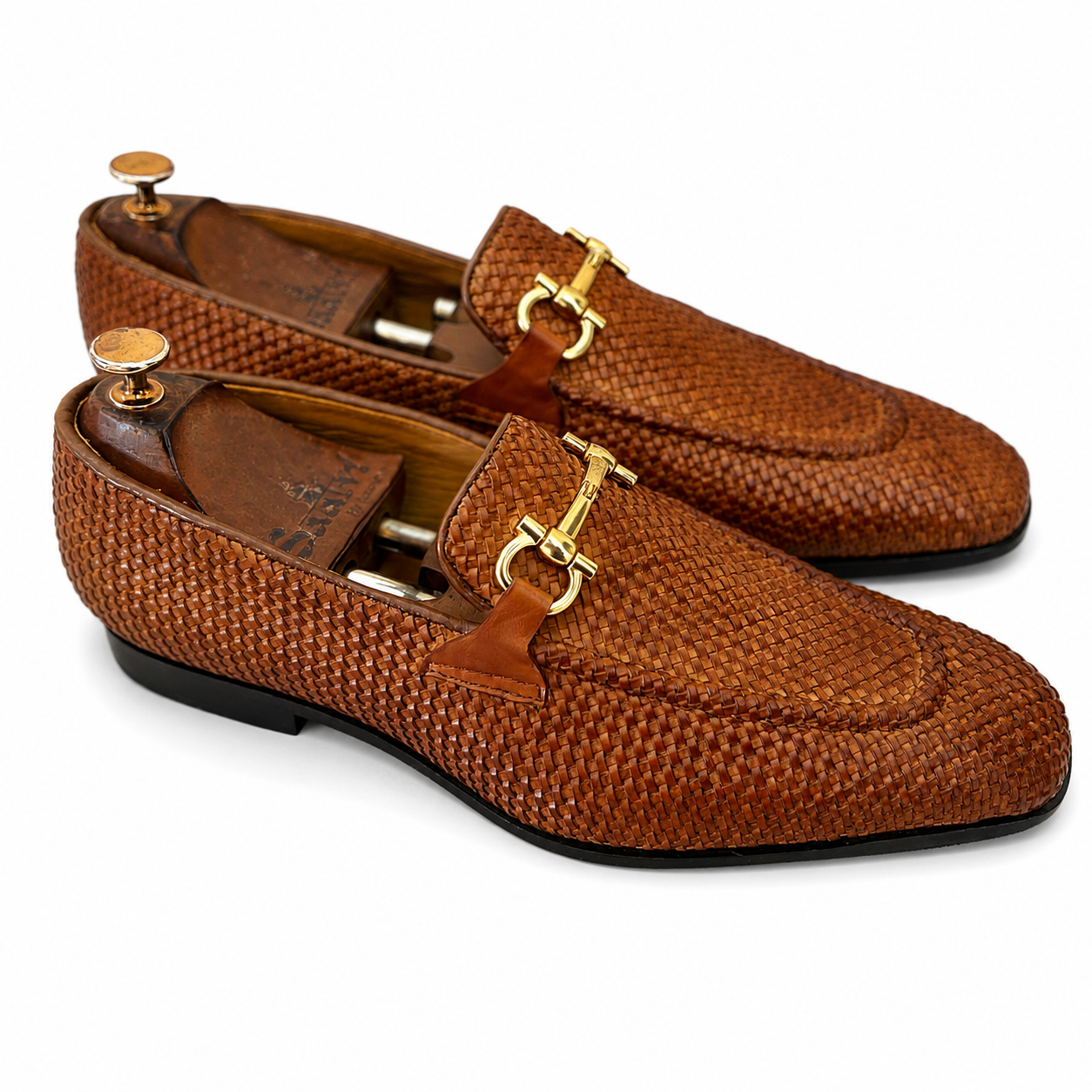 Tan Weave Loafers With Metal Trim