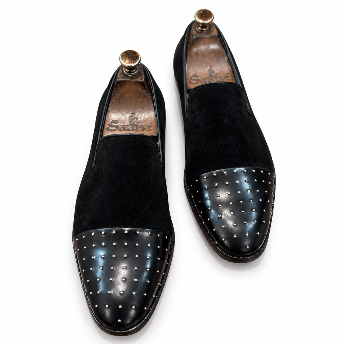 Saalvi Obsidian Noir Studded Suede Loafers