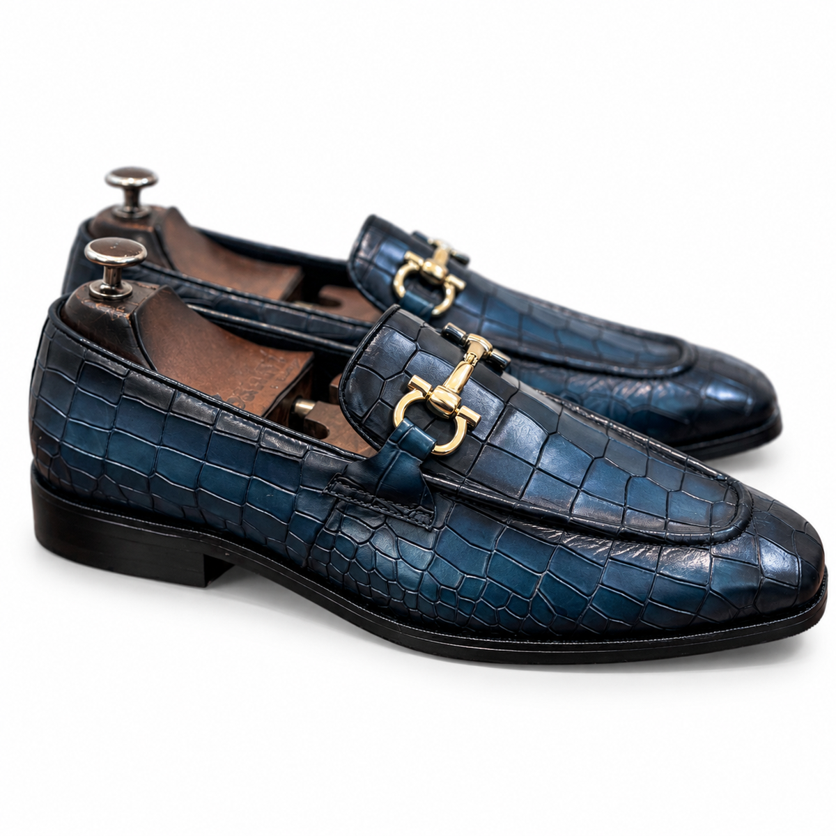 Aurelio Navy Croc Embossed Horsebit Loafers