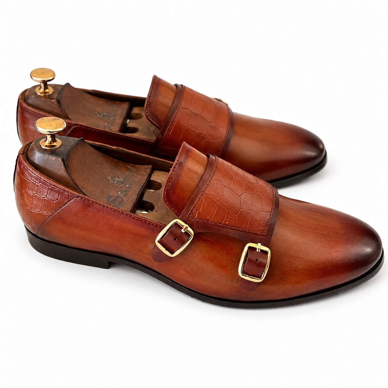 Cognac Croc Prestige Double Monk Strap Loafers – Luxury Leather Shoes