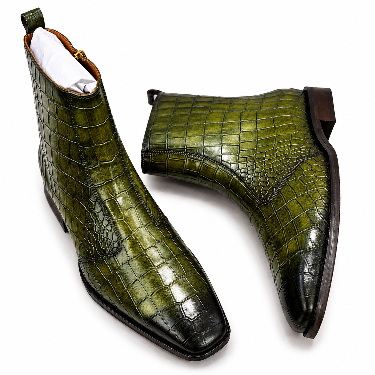Olive Croco Embossed Leather Ankle Boots