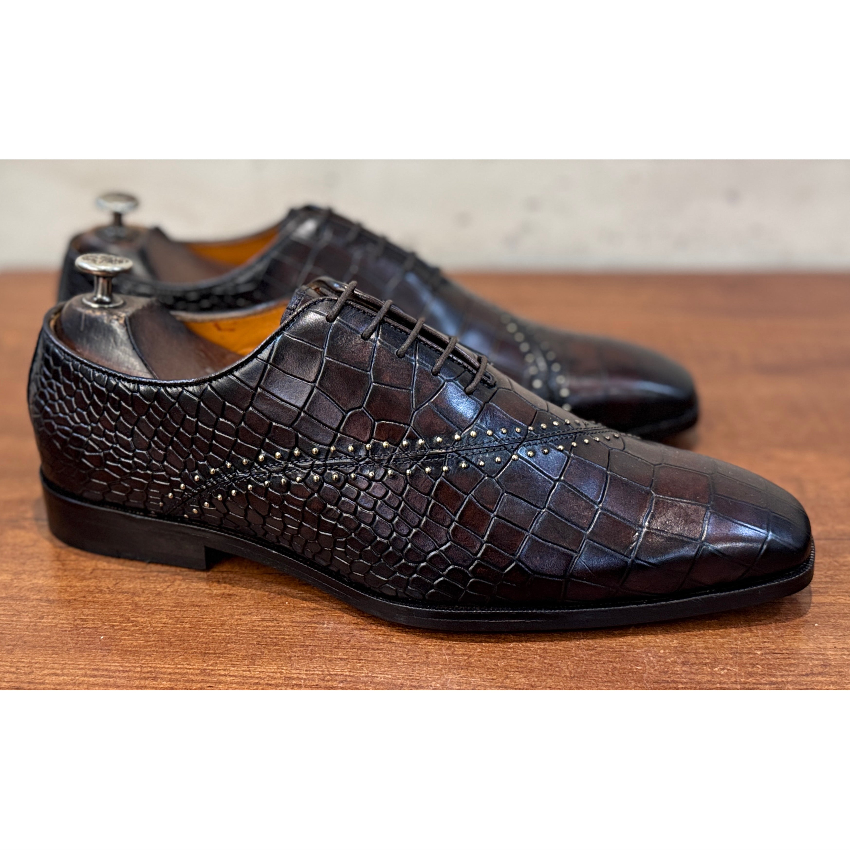 Men’s Luxury Croc-Embossed Leather Oxford Shoes – Handcrafted Dark Brown Formal Dress Shoes