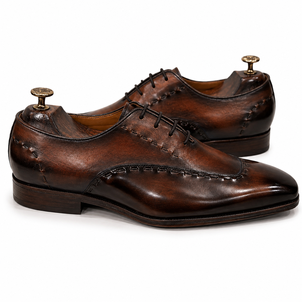 Royal Burnished Brown Leather Apron Toe Derby Shoes