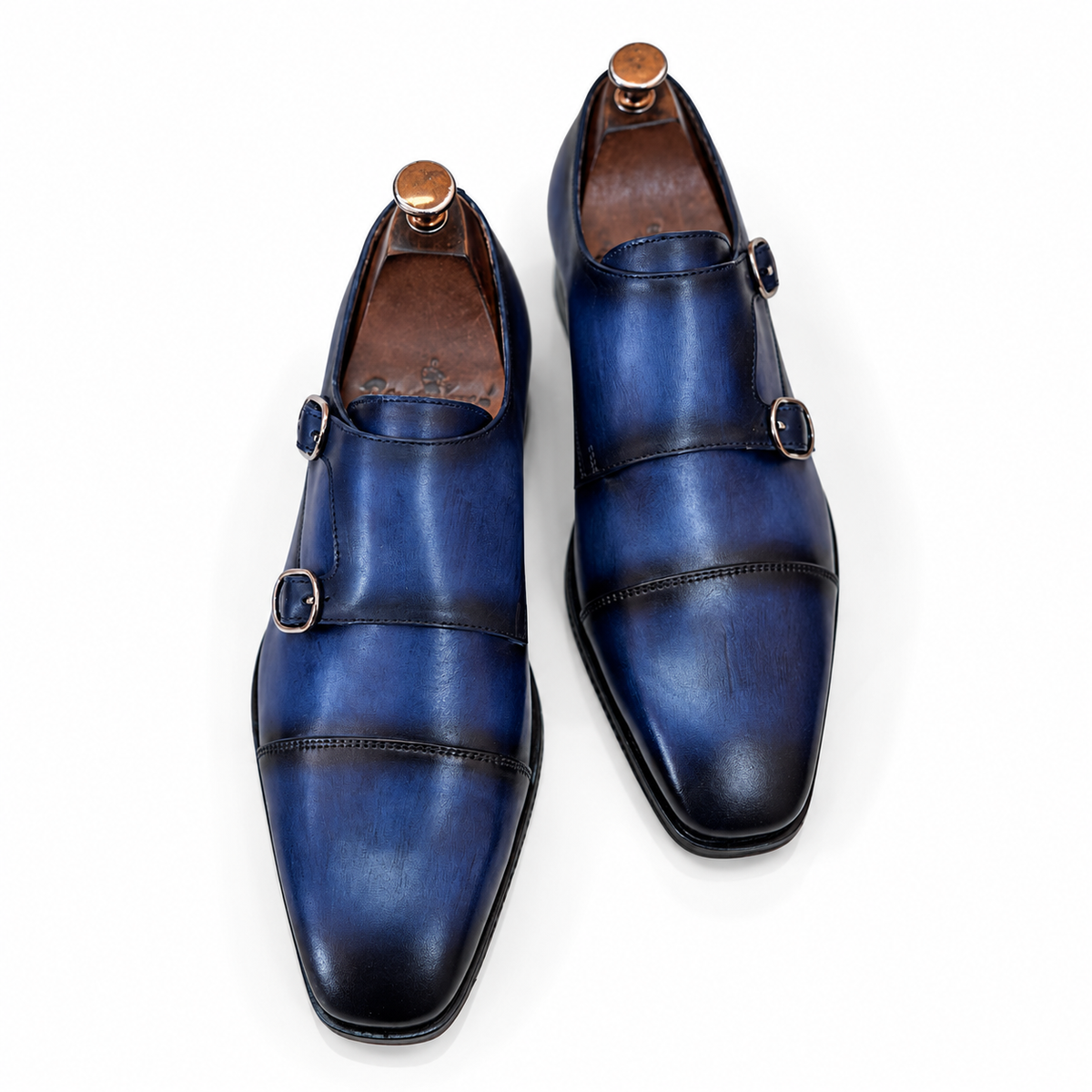 Cobalt Sovereign – Midnight Blue Hand-Patina Double Monk Strap