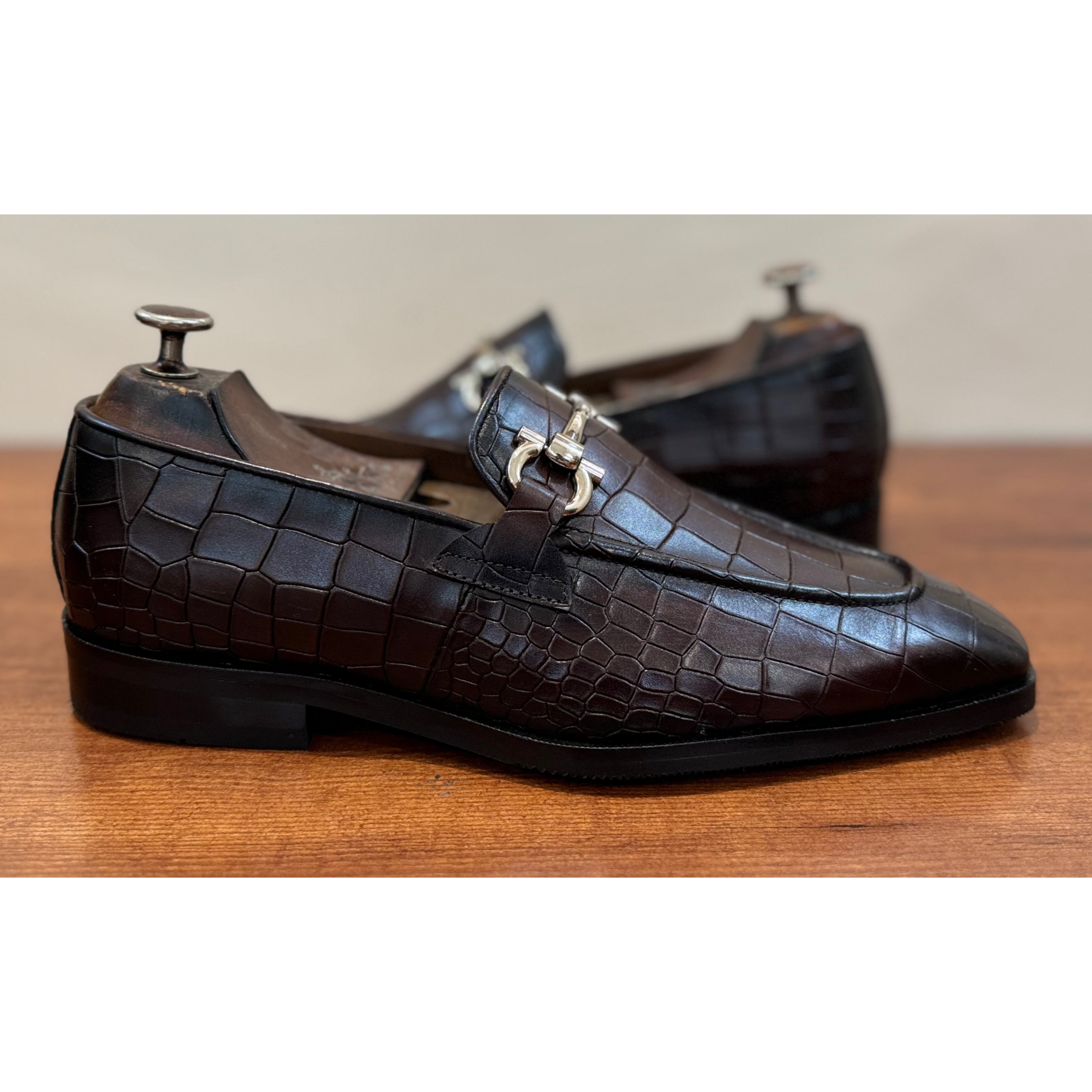 Brown Croco Loafers Hand Patina