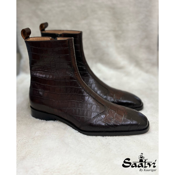 Python Embossed Boots Brown