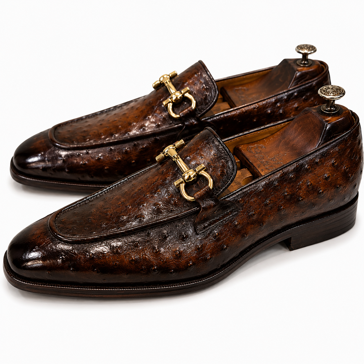 Royal Ostrich Embossed Brown Horsebit Loafers