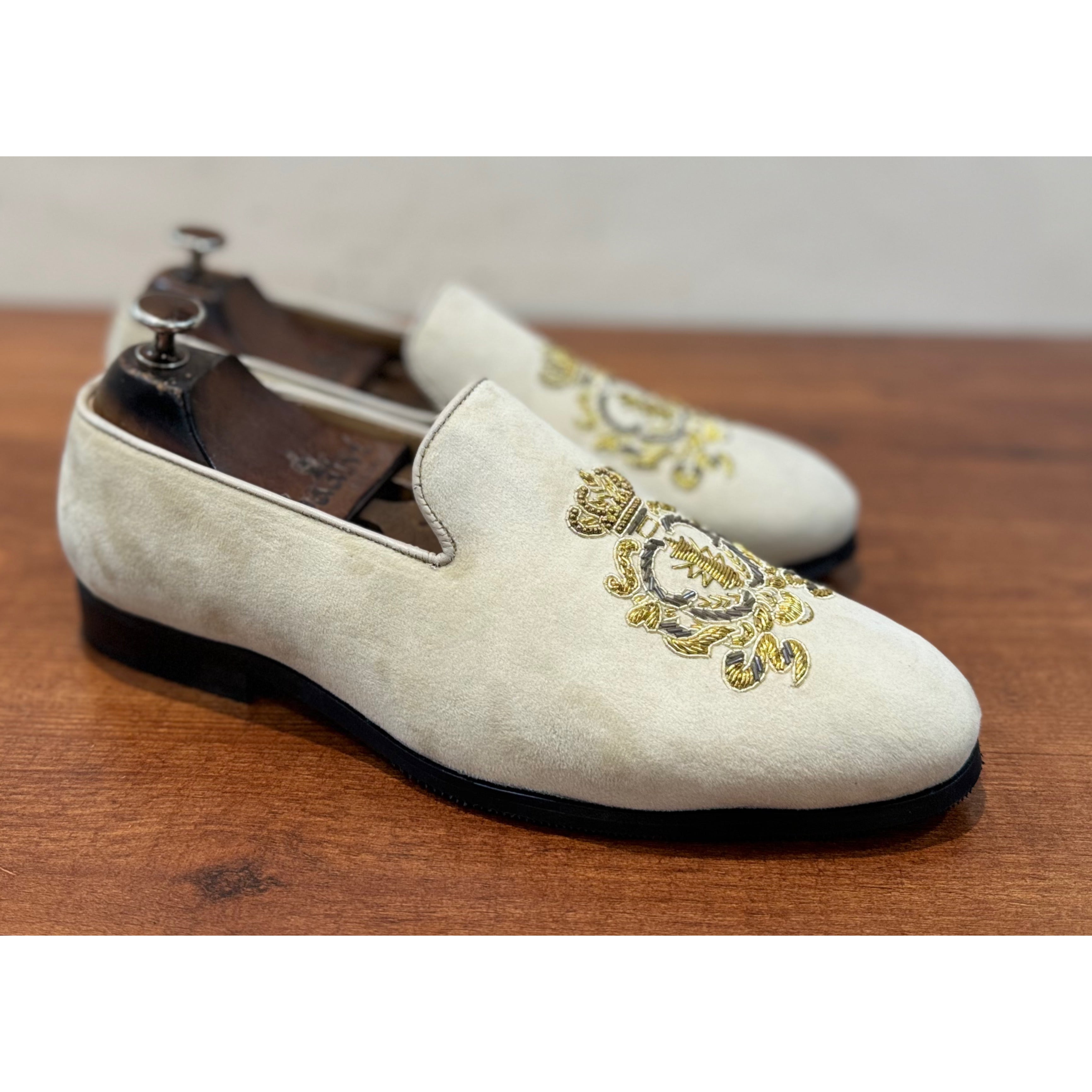 Cream Velvet Embroidery Slipon