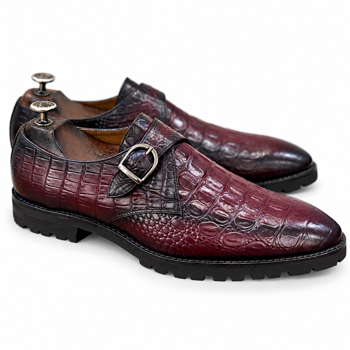 Bordeaux Croc-Embossed Monk Strap