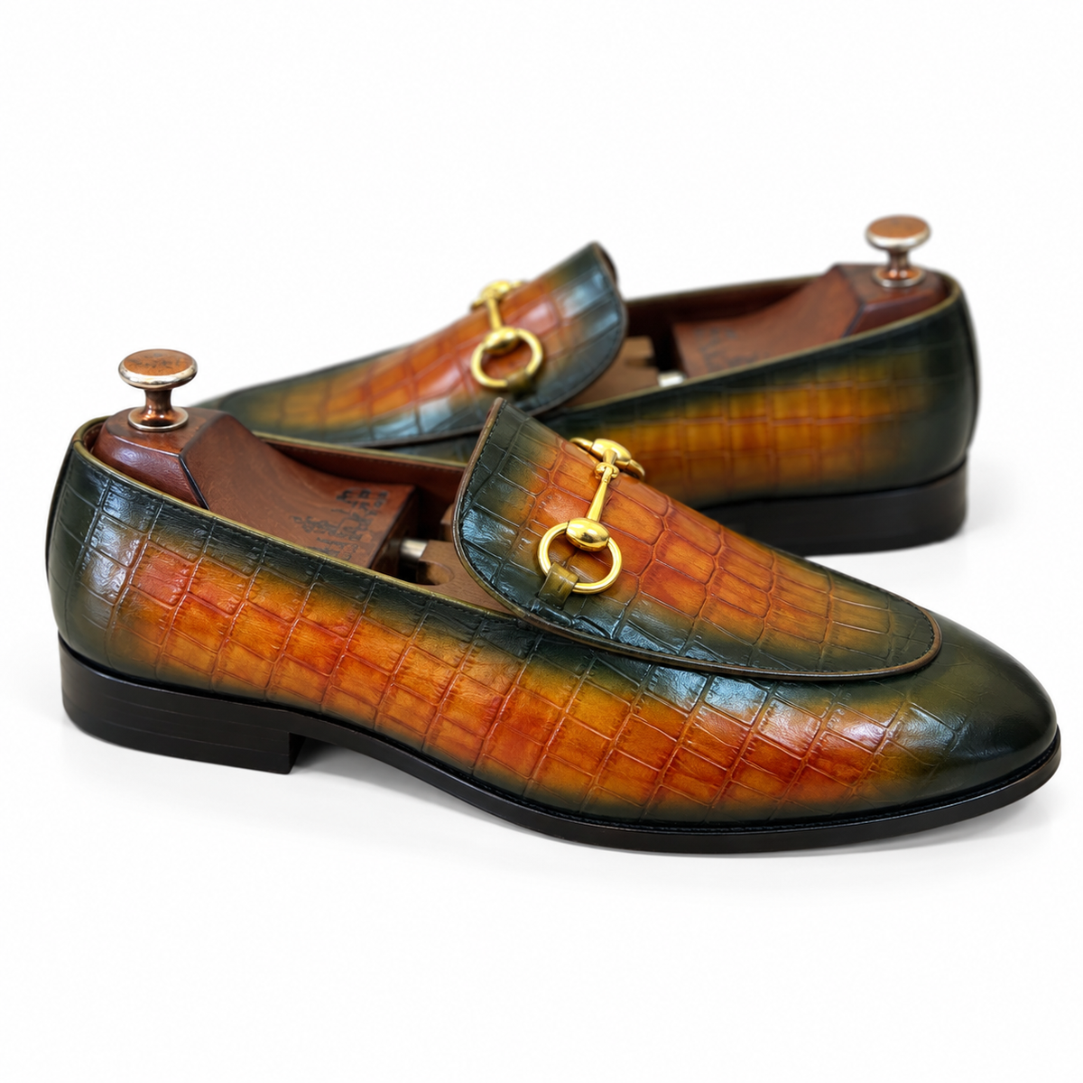 Regent Antique Green Croc Horsebit Loafers