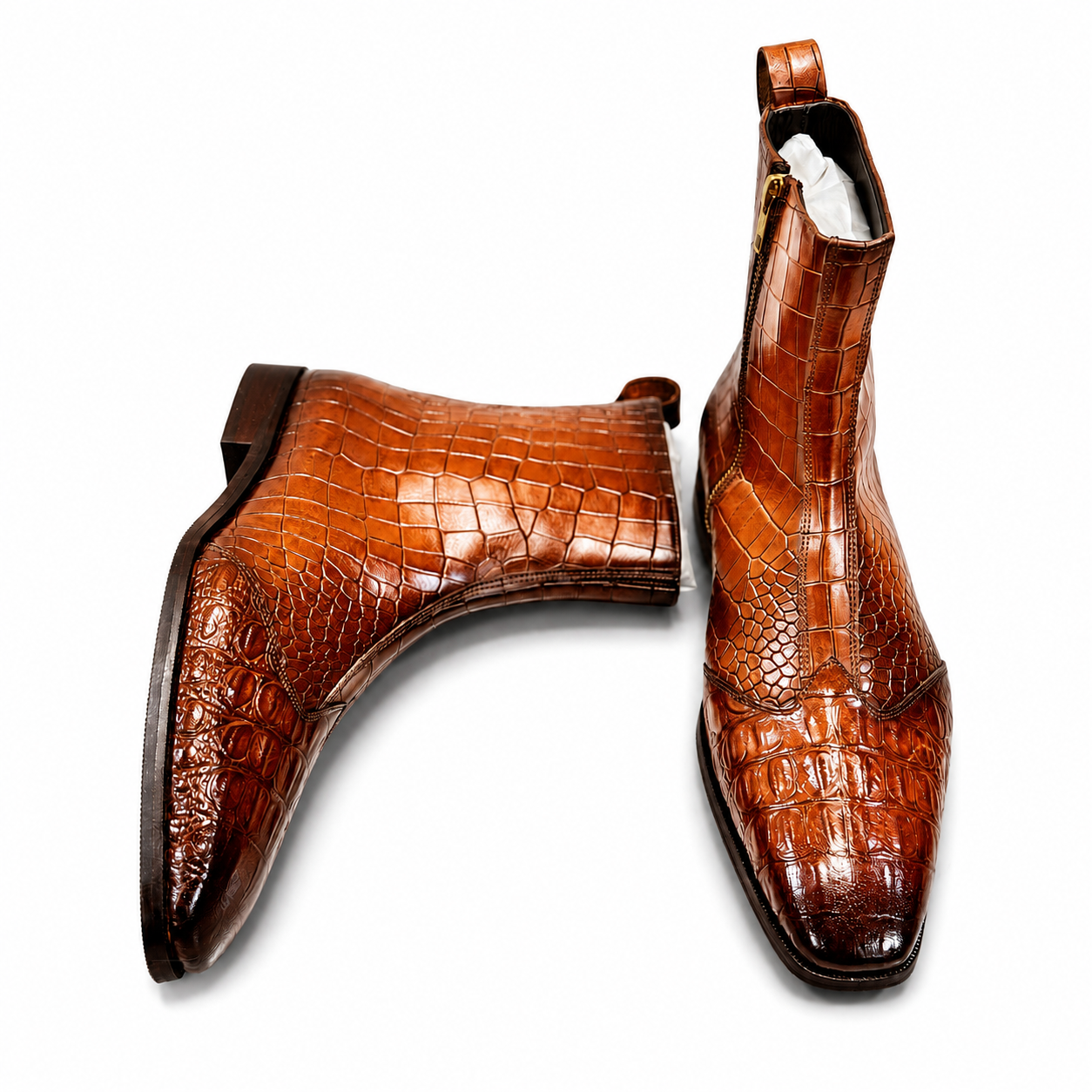 Cognac Burnished Croc-Embossed Leather Chelsea Boots
