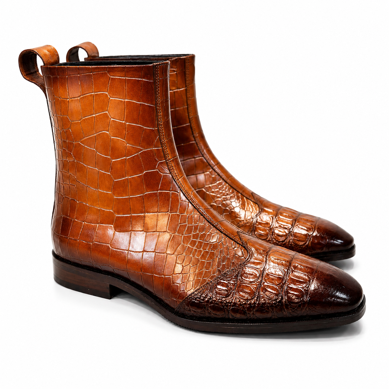 Cognac Burnished Croc-Embossed Leather Chelsea Boots