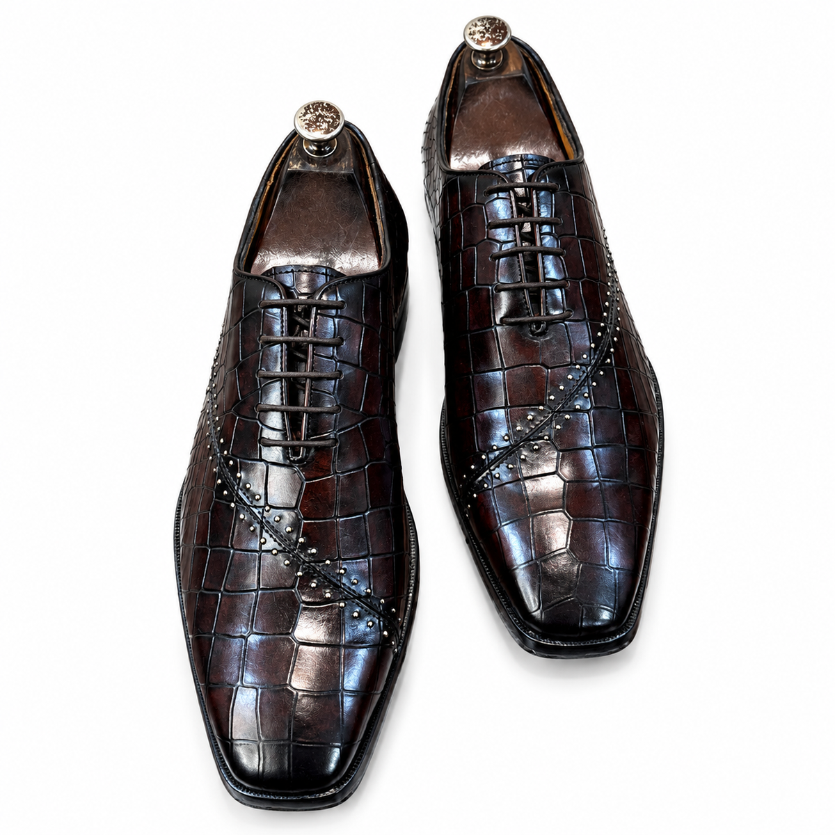 Men’s Luxury Croc-Embossed Leather Oxford Shoes – Handcrafted Dark Brown Formal Dress Shoes